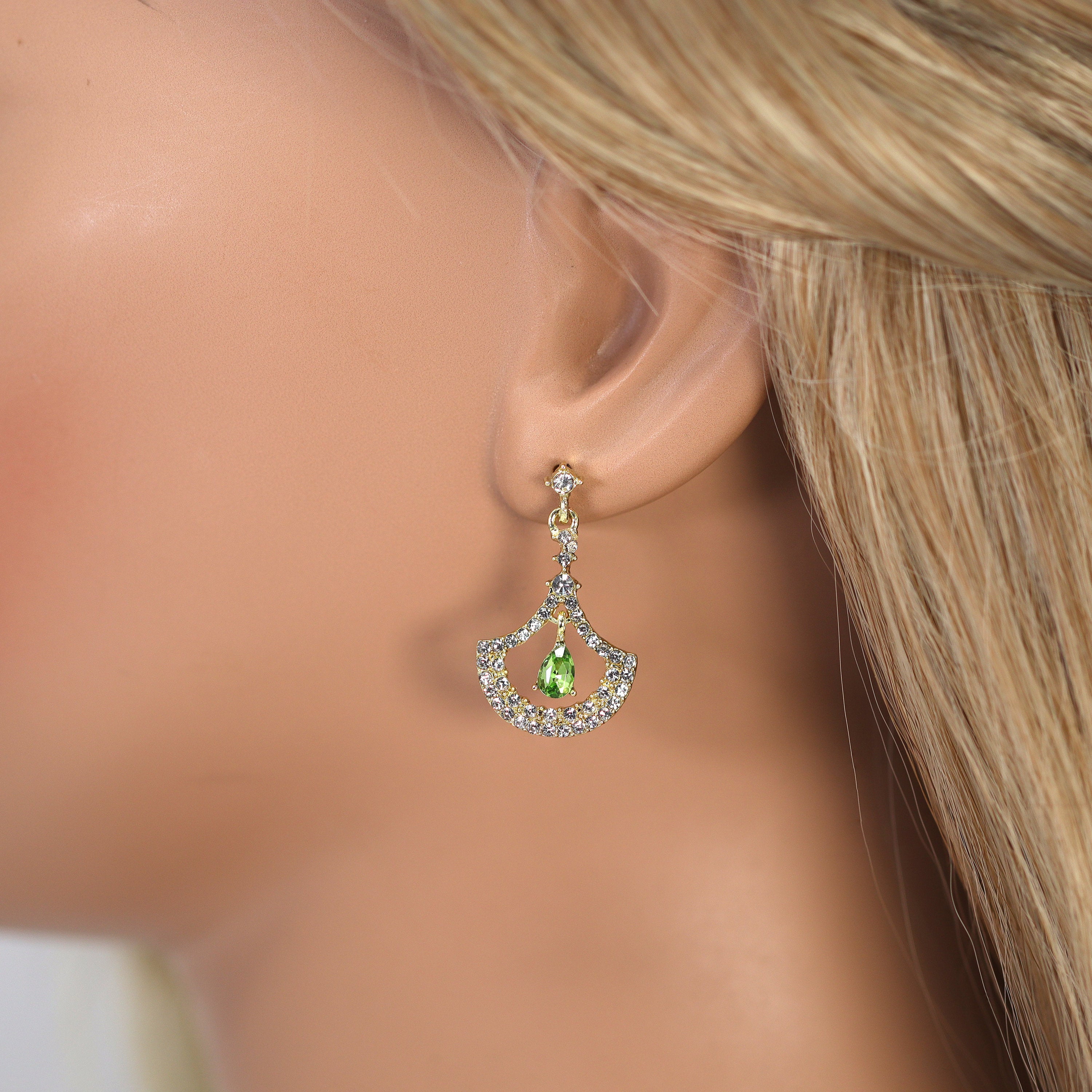Rhinestone Fan-Shaped Green Drop Earrings | Crystal Bridal Jewelry for Weddings | Statement Earrings for Bridesmaids, Prom & Special Occasions