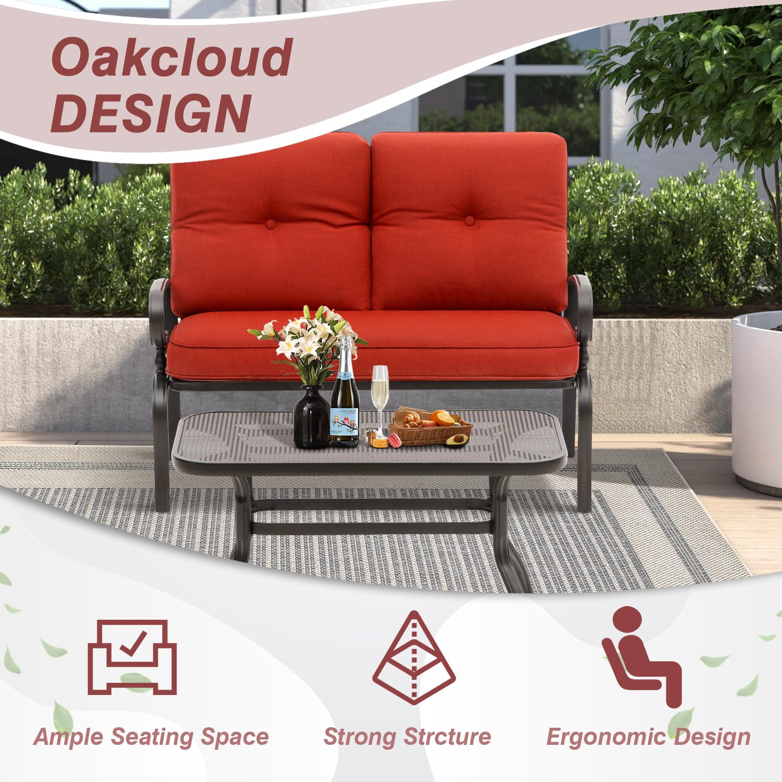 **Oakcloud Outdoor 2-Piece Patio Loveseat Bench Set with Thick Cushions & Coffee Table - Wrought Iron Look, Metal Frame Furniture (Red) - Perfect for Garden, Backyard, and Poolside Relaxation**