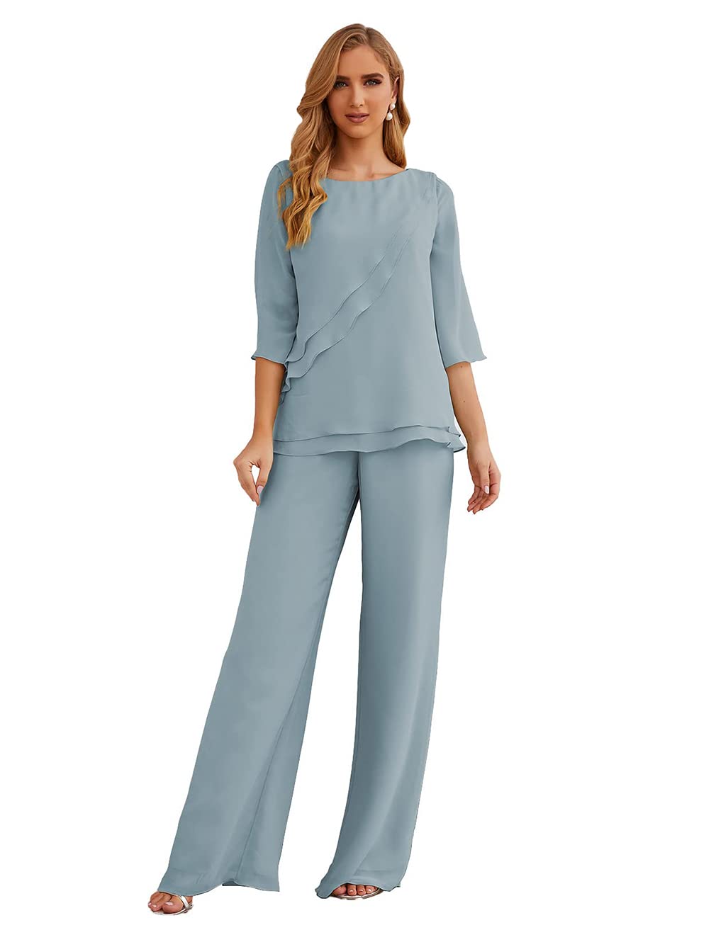 Elegant Women's 2-Piece Chiffon Half Sleeve Pant Suit Set - Mother of The Bride & Wedding Guest Outfit - Perfect for Formal Events, Parties & Special Occasions