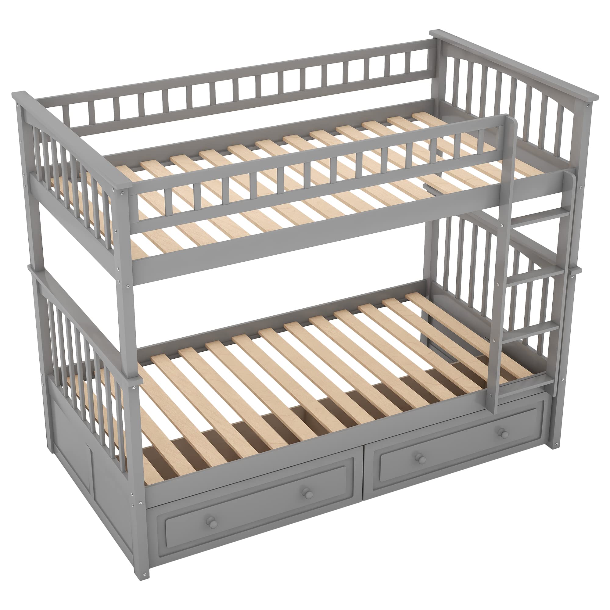 Harper & Bright Designs Twin Over Twin Bunk Bed with Storage Drawers, Solid Wood Bunk Bed Frame in Gray - Perfect for Kids' Bedroom, Guest Room & Space-Saving Solutions