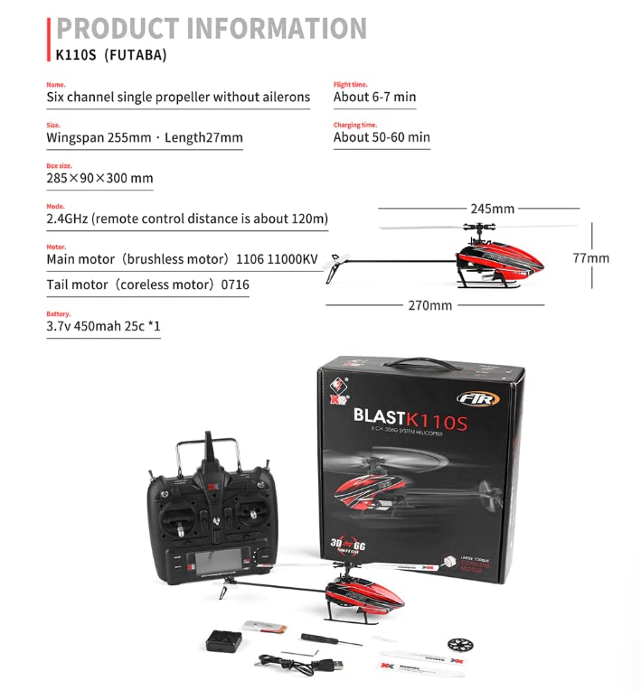 WLTOYS XKS K110s RC Helicopter - 2.4G 6CH 3D/6G System, Brushless Motor, BNF Quadcopter Drone for Kids & Adults - Perfect for Indoor Flying, Backyard Fun & Beginner RC Training (K110S 3B)