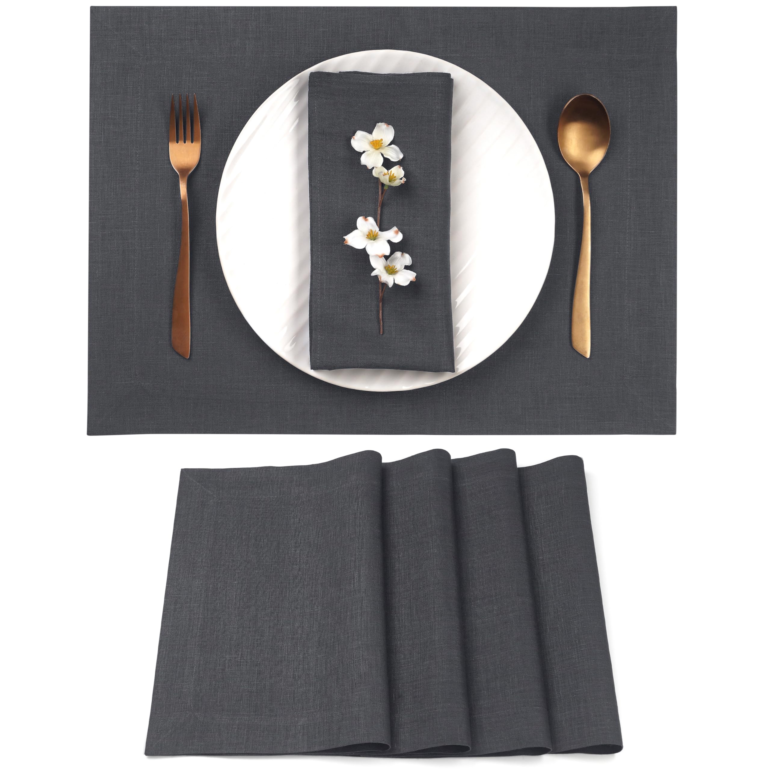 D'Moksha Homes 100% Pure Linen Placemats Set of 4 - Charcoal Grey 14x19 Inch Washable Table Mats for Dining, Easter, Thanksgiving & Everyday Use