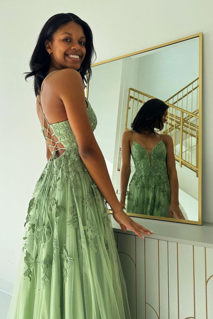 Elegant Green Spaghetti Strap A-Line Long Tulle Prom Dress 2280 | Formal Evening Gown for Homecoming, Quinceañera & Special Occasions