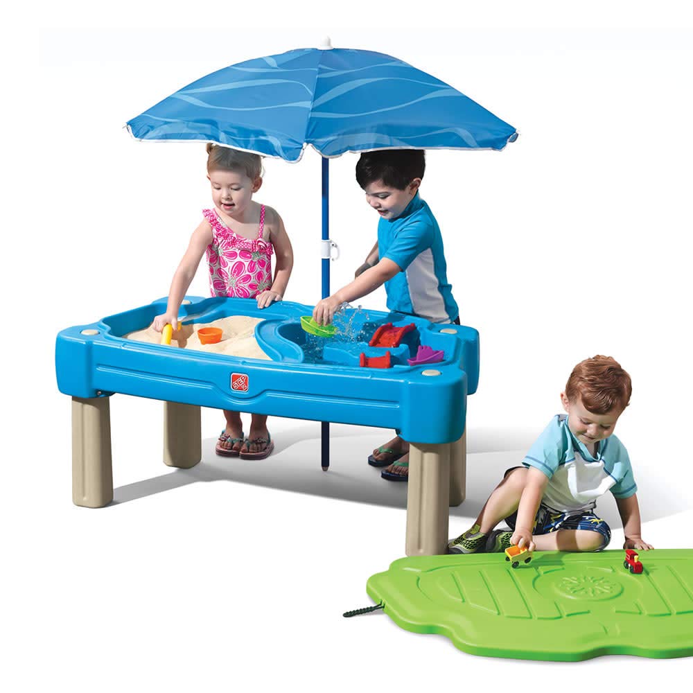 Step2 Cascading Cove Sand & Water Table - Outdoor Sensory Play Activity Set for Toddlers 1.5+ Years | Includes Umbrella & 7 Toy Accessories | Perfect for Backyard, Beach & Summer Water Play