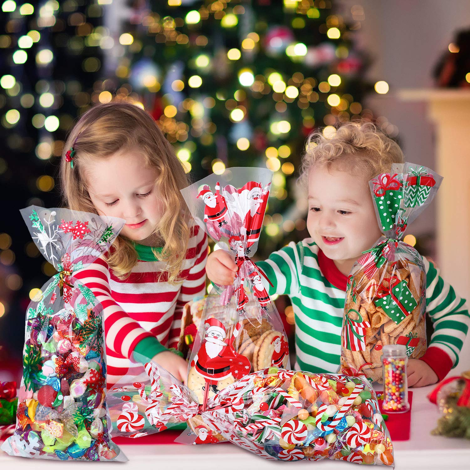 100 Pcs Christmas Cellophane Gift Bags with Ribbon - Holiday Treat Bags for Cookies, Candy & Party Favors - Xmas Winter Party Supplies for Christmas Gifts, Cookie Exchange & Holiday Celebrations