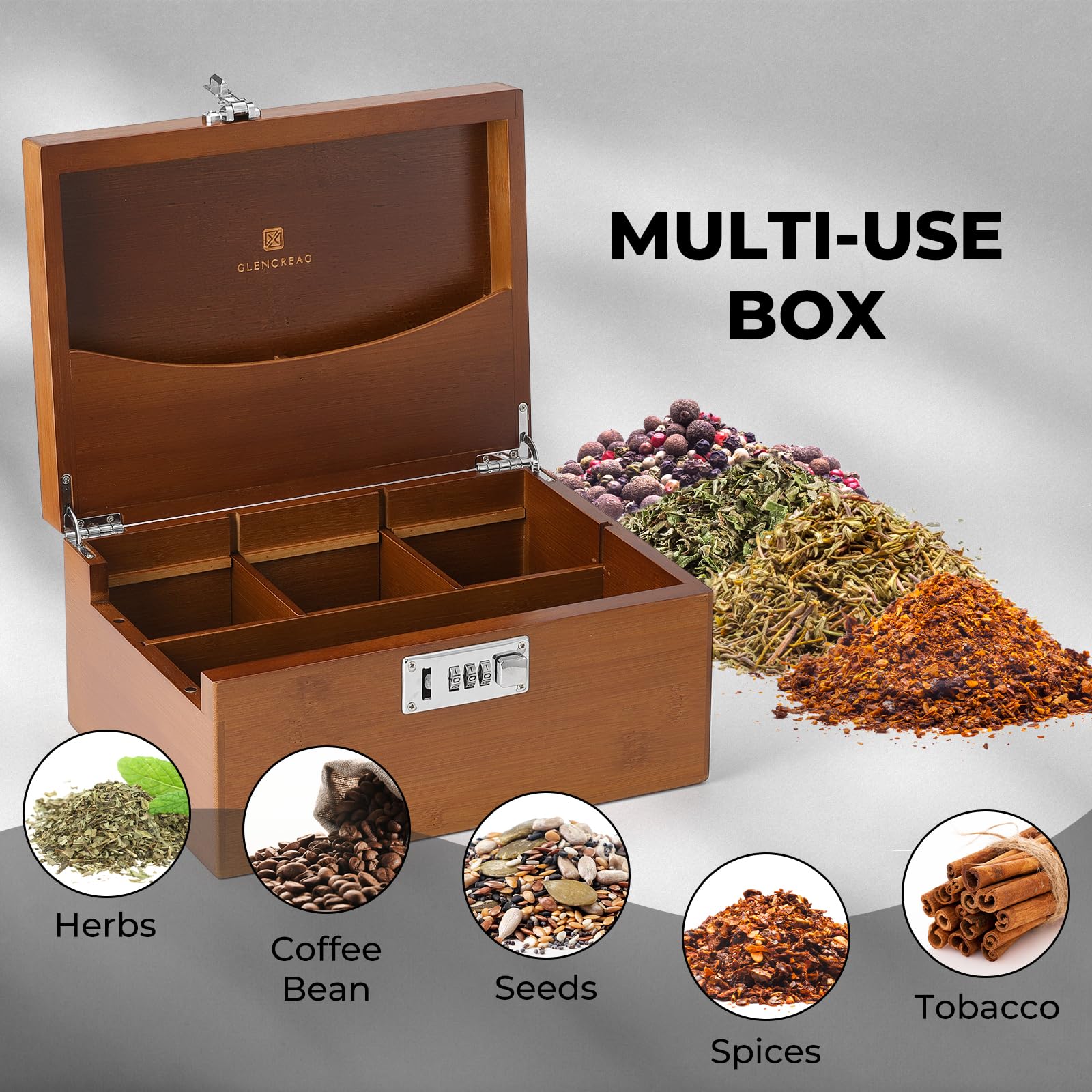 Smell Proof Bamboo Stash Box with Lock - Large Rolling Tray Storage Set Includes Glass Jars & Herb Grinder - Decorative Gift for Men & Women - Perfect for Organizing Smoking Accessories at Home or Travel