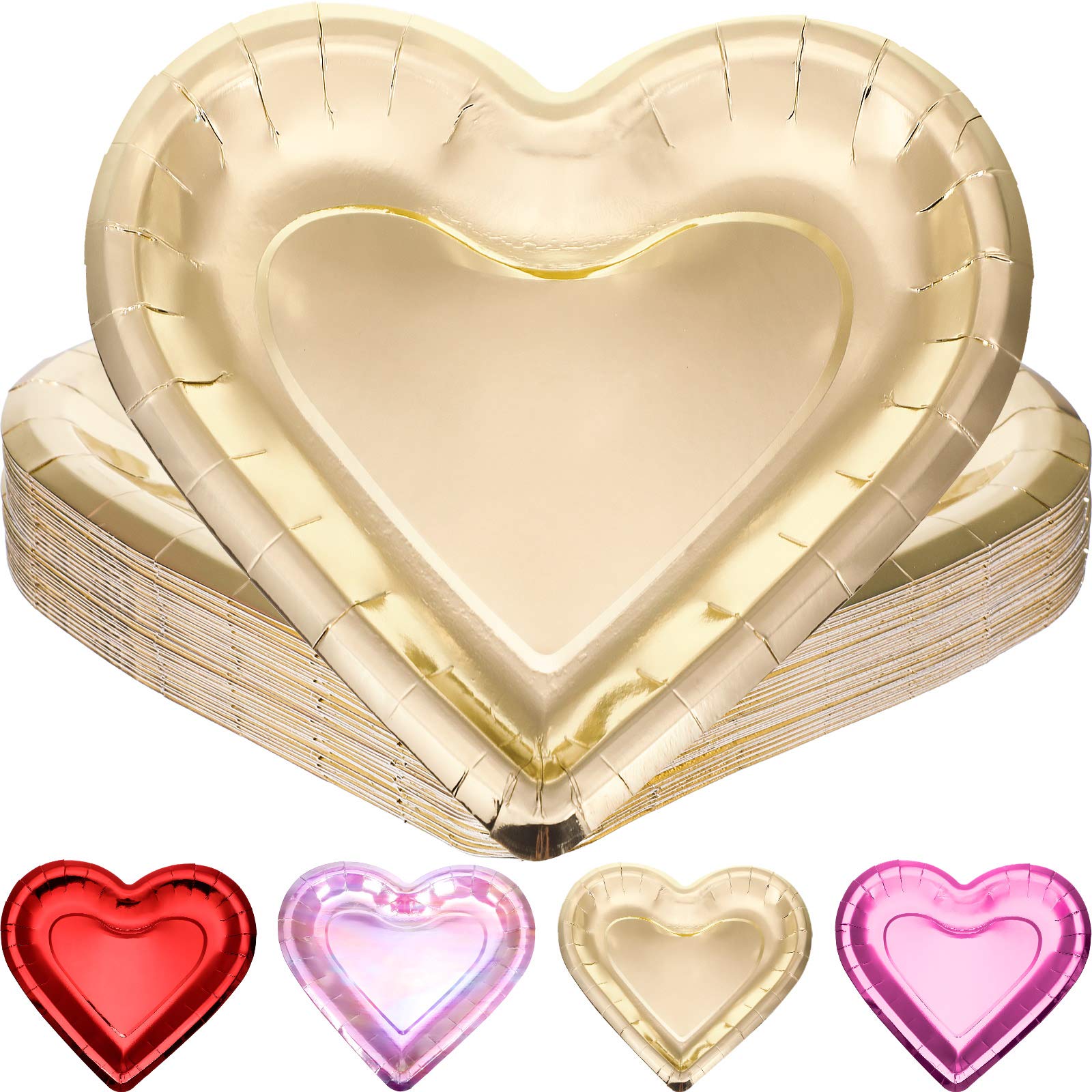 24-Pack Thick Heart Shaped Paper Plates - 10.6 Inch Large Disposable Party Dinnerware - Elegant Gold Decorative Tableware for Valentine's Day, Mother's Day, Wedding & Birthday Celebrations - Perfect for Romantic Dinners, Bridal Showers, and Anniversary Parties