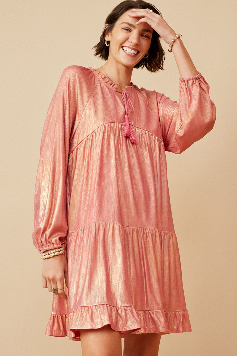 Women's Textured Iridescent Tasseled Long Sleeve Party Dress - Elegant Evening Gown for Cocktail Parties, Weddings & Special Occasions