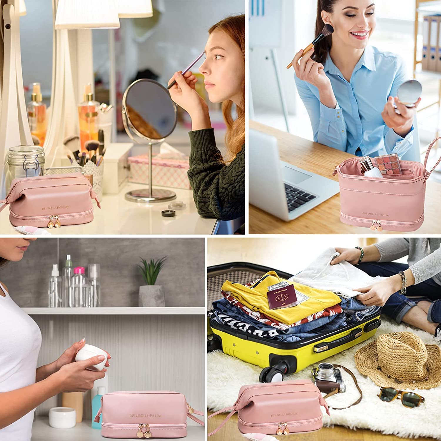 Luteti Double Layer Leather Cosmetic Bag - Waterproof Travel Makeup Organizer for Women & Girls | High-End Toiletry Bag for Home, Office & Vacation