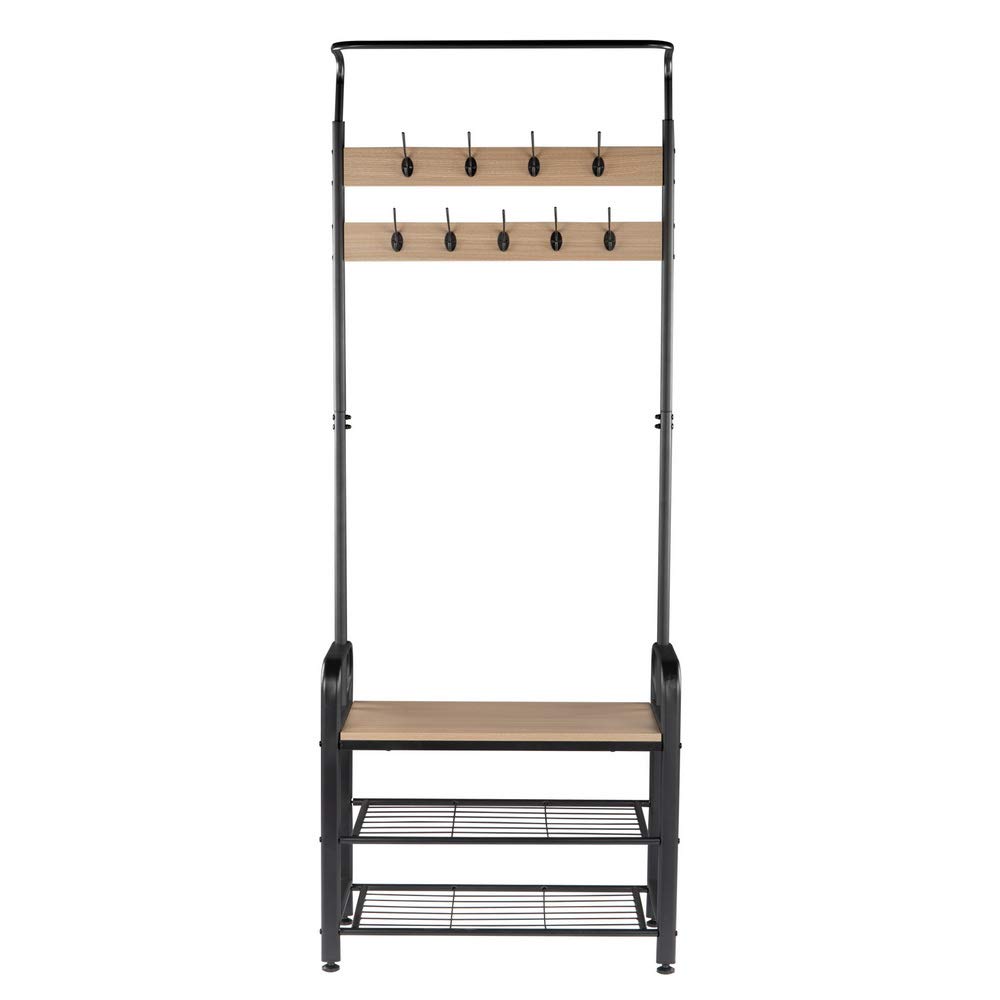DualThunder 3-in-1 Industrial Coat Rack Shoe Bench with Storage Shelf - Space Saving Entryway Hall Tree Organizer for Home & Office (Gray) - Perfect for Small Apartments, Mudrooms and Entryway Organization