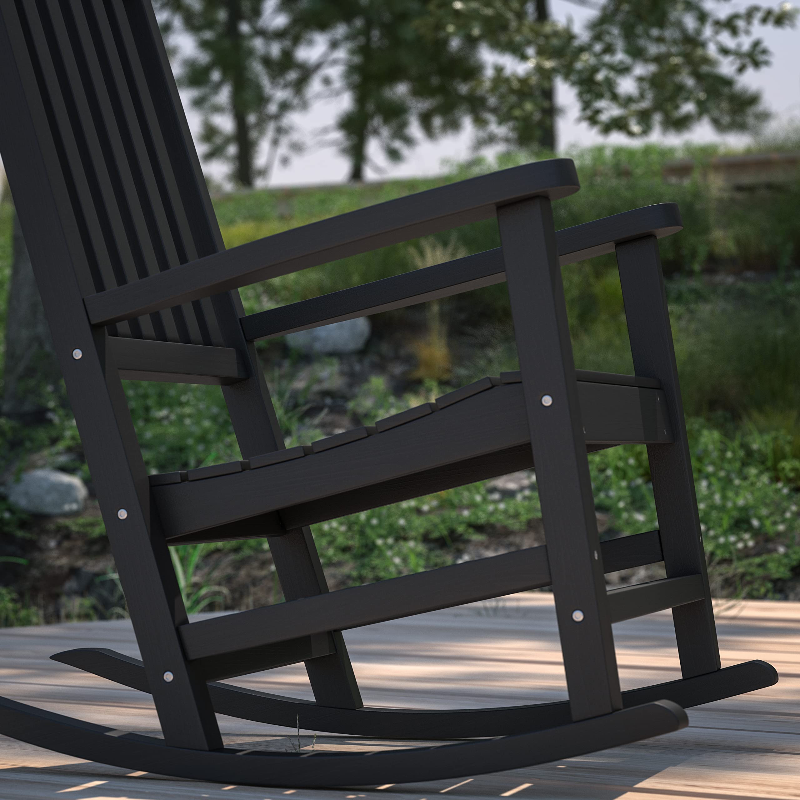 Merrick Lane Hillford All-Weather Rocking Chair - Black Poly Resin Patio Rocker for Indoor & Outdoor Use - Perfect for Porch, Deck, Garden, and Living Room Relaxation