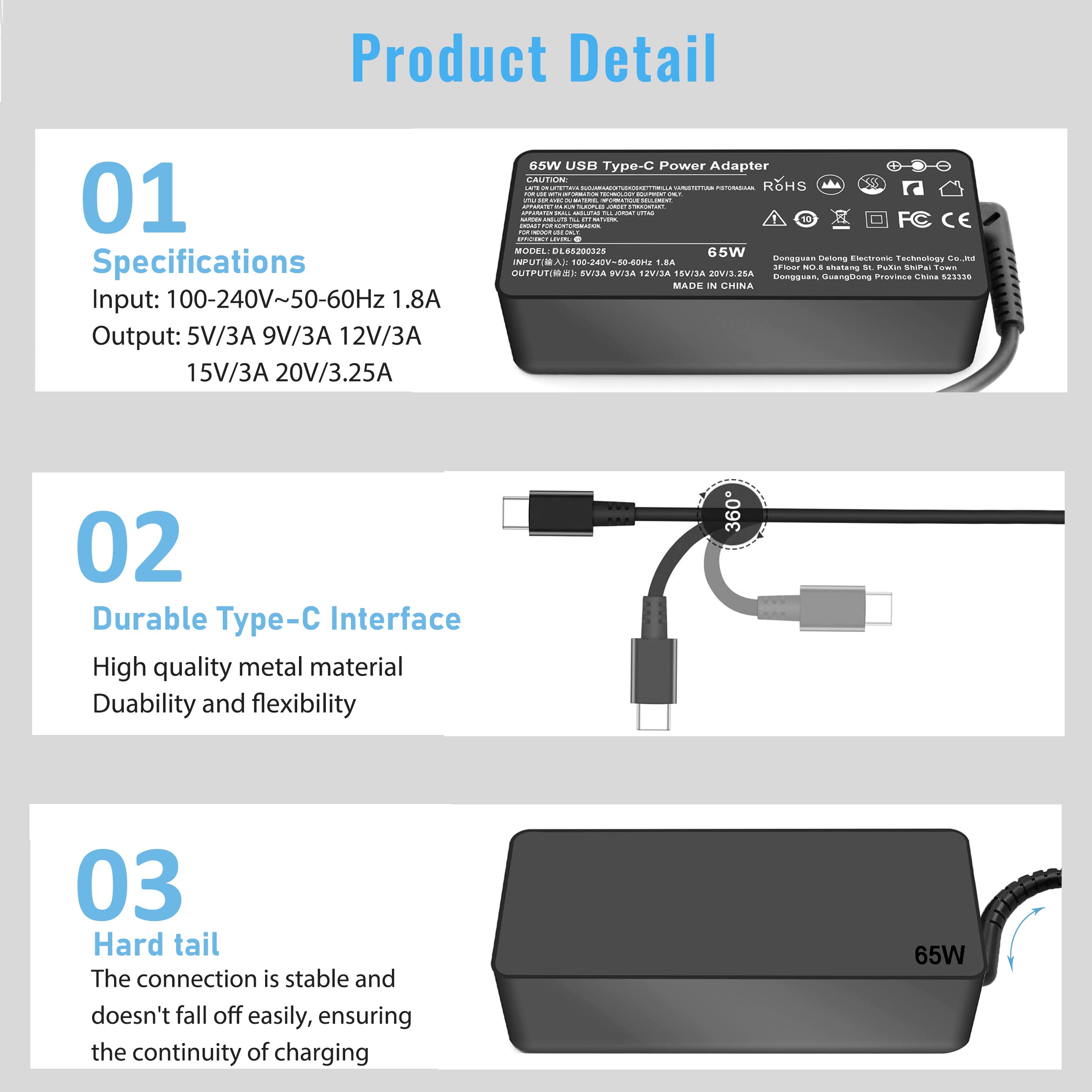 65W USB C Charger for HP Chromebook X360 14/13/11 & Spectre EliteBook - Fast Type-C Laptop Power Adapter - Perfect for Home, Office and Travel Use