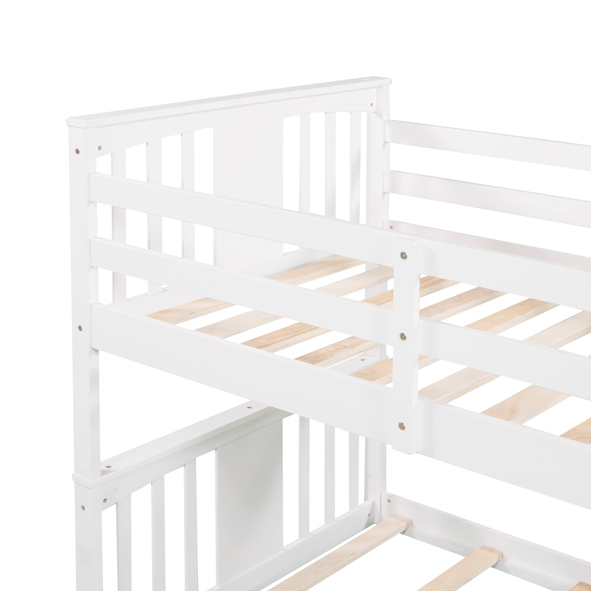 Wooden Twin Over Twin Kids Bunk Bed with Ladder - Low Profile White Bunk Bed Frame for Children's Room, Sleepovers & Small Spaces