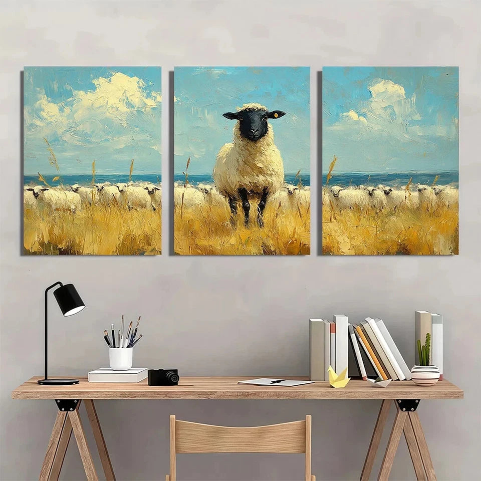3-Piece Black Sheep in Grassy Field Metal Wall Art Prints - Ready to Hang Home Decor for Living Room, Bedroom & Office