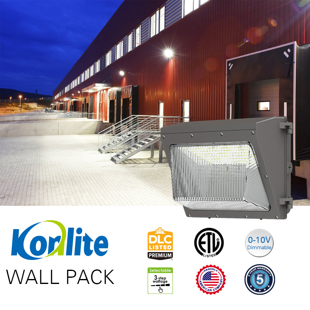 High-Efficiency LED Wall Pack Light with Photocell - 108W/90W/63W Selectable, 14,040 Lumens, 5000K Daylight White, 120-277V, Durable Glass Lens - Ideal for Parking Lots, Warehouses & Building Exteriors