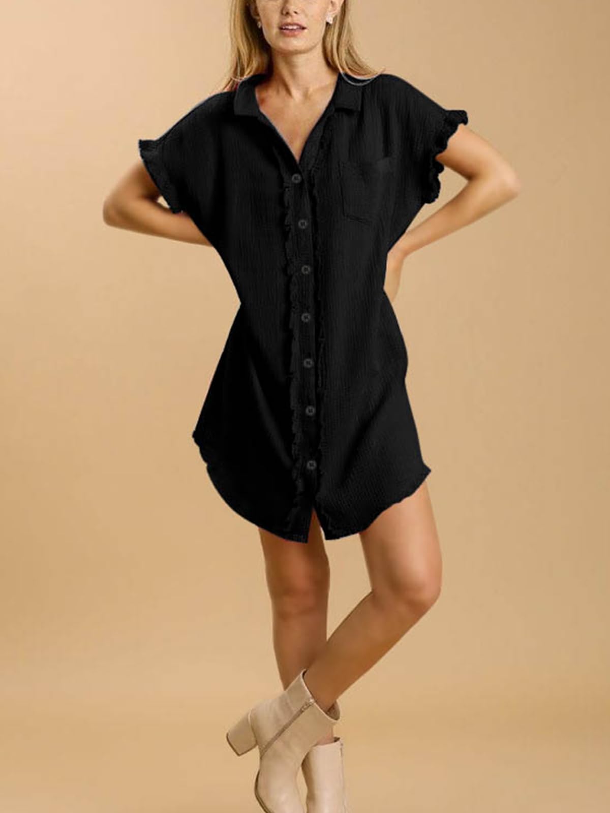 Women's Oversized Cotton Button Down Shirt - Short Sleeve Tunic Dress with Pockets | Beach Cover Up, Casual Blouse Top for Summer Outings & Vacation Wear