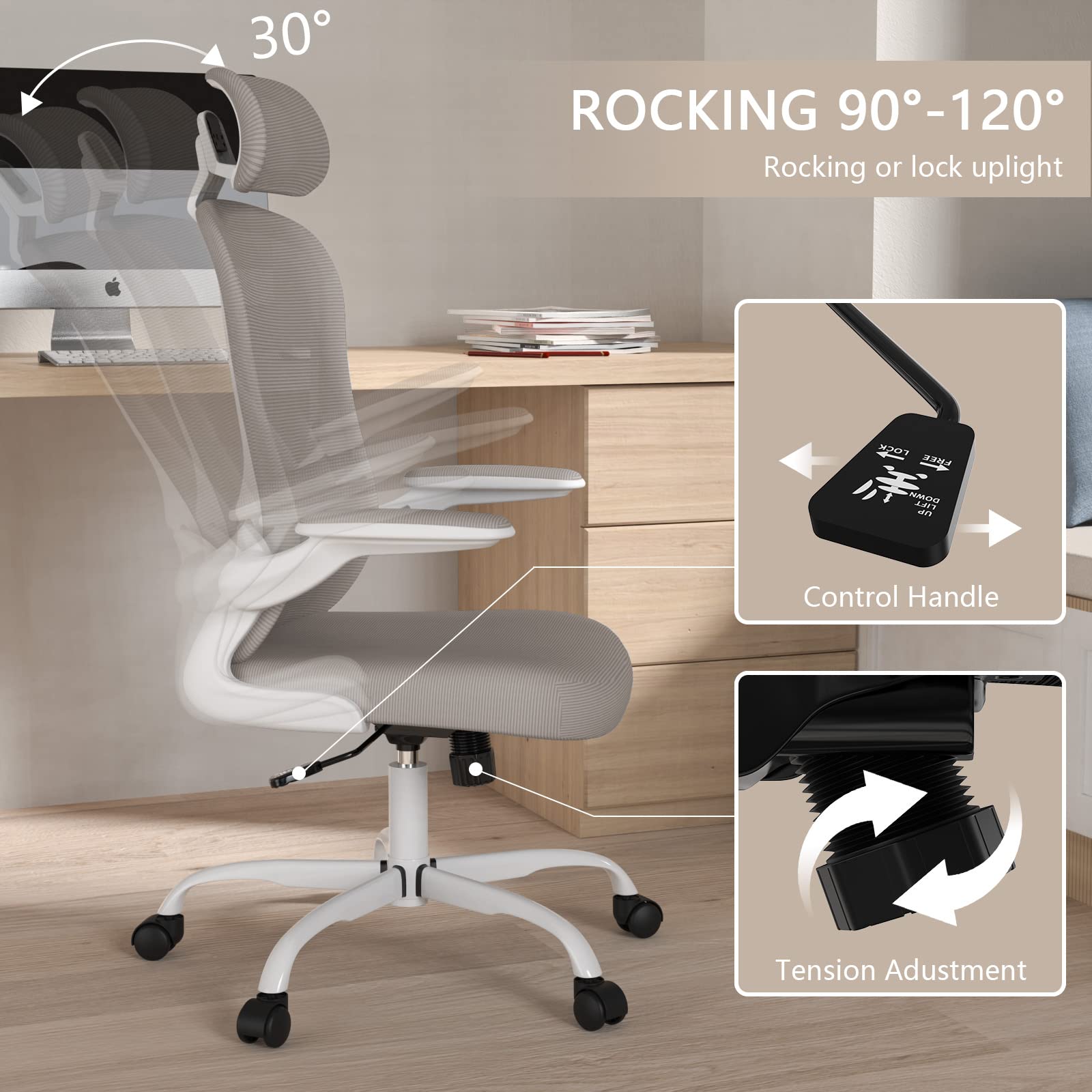 Ergonomic High Back Office Chair with Adjustable Lumbar Support & Headrest - Breathable Mesh Desk Chair, Swivel Task Chair with Flip-Up Armrests - Perfect for Home Office & Executive Workspaces