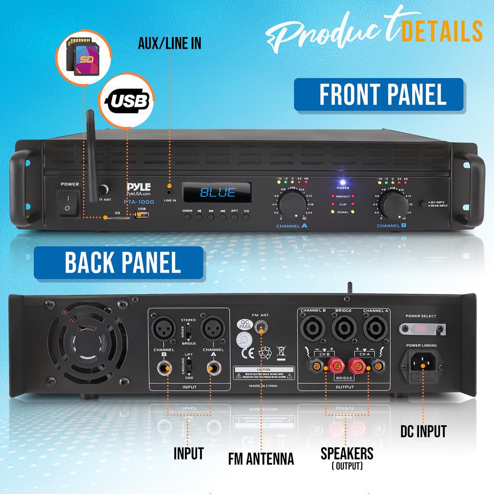 2 Channel Bluetooth Pro Audio Amplifier - High Power Stereo Receiver for Home Theater, DJ, and Live Sound Systems