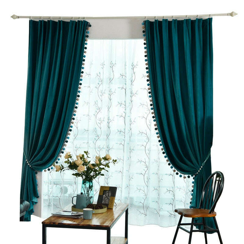 Luxury Plush Velvet Curtains with Pom Pom Lace Trim - Teal Blue Blackout Drapes for Living Room, Bedroom & Nursery - Soft Thermal Insulated Window Treatments for Home Decor