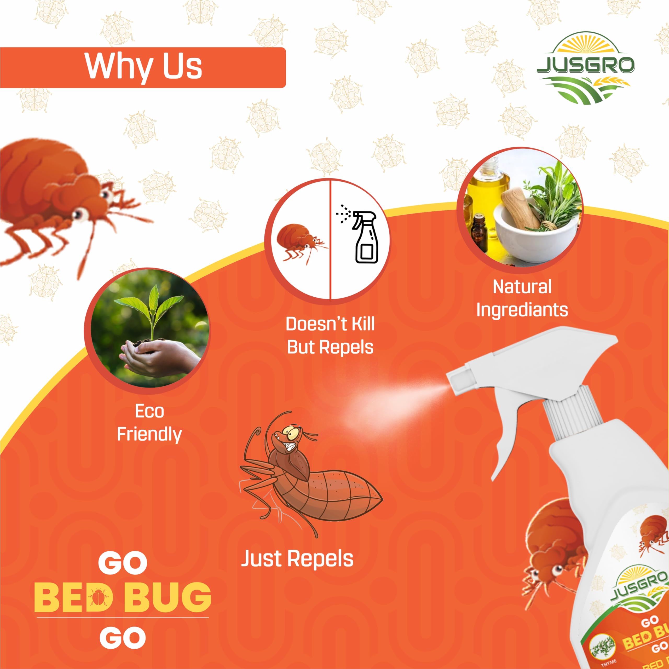 JusGro Natural Bed Bug Killer Spray & Repellent - Essential Oil Formula for Mattresses | Long-Lasting Protection | Pleasant Scent | Ready to Use (250ml) | Ideal for Home, Hotel & Travel Use