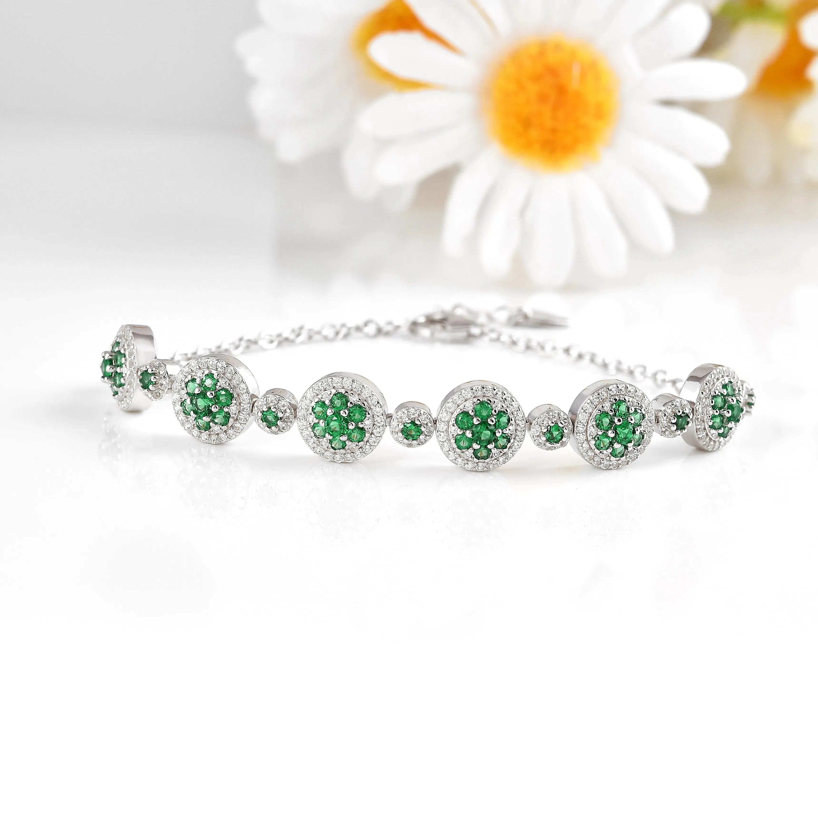 Lab Grown Emerald White Gold Halo Bracelet for Women - Elegant Tennis Bracelet for Weddings, Anniversaries & Special Occasions
