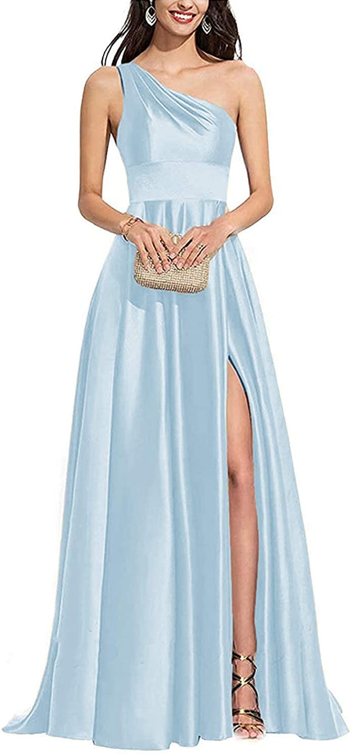 Elegant One Shoulder V-Neck Satin Bridesmaid Dress with High Slit - Women's Formal Evening Gown for Weddings, Prom, Cocktail Parties & Special Occasions