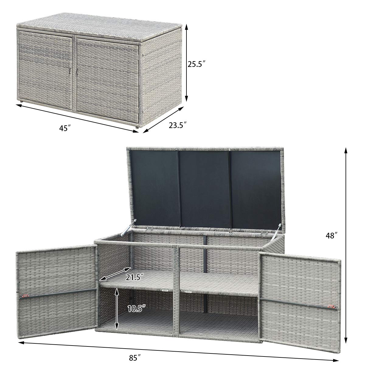 LDAILY Rattan Storage Box with 2 Shelves & Lid - Wicker Deck Box for Outdoor Garden, Backyard, Patio - Organize Accessories, Tools, Toys - Weather-Resistant Grey Storage Solution for Home & Yard Organization