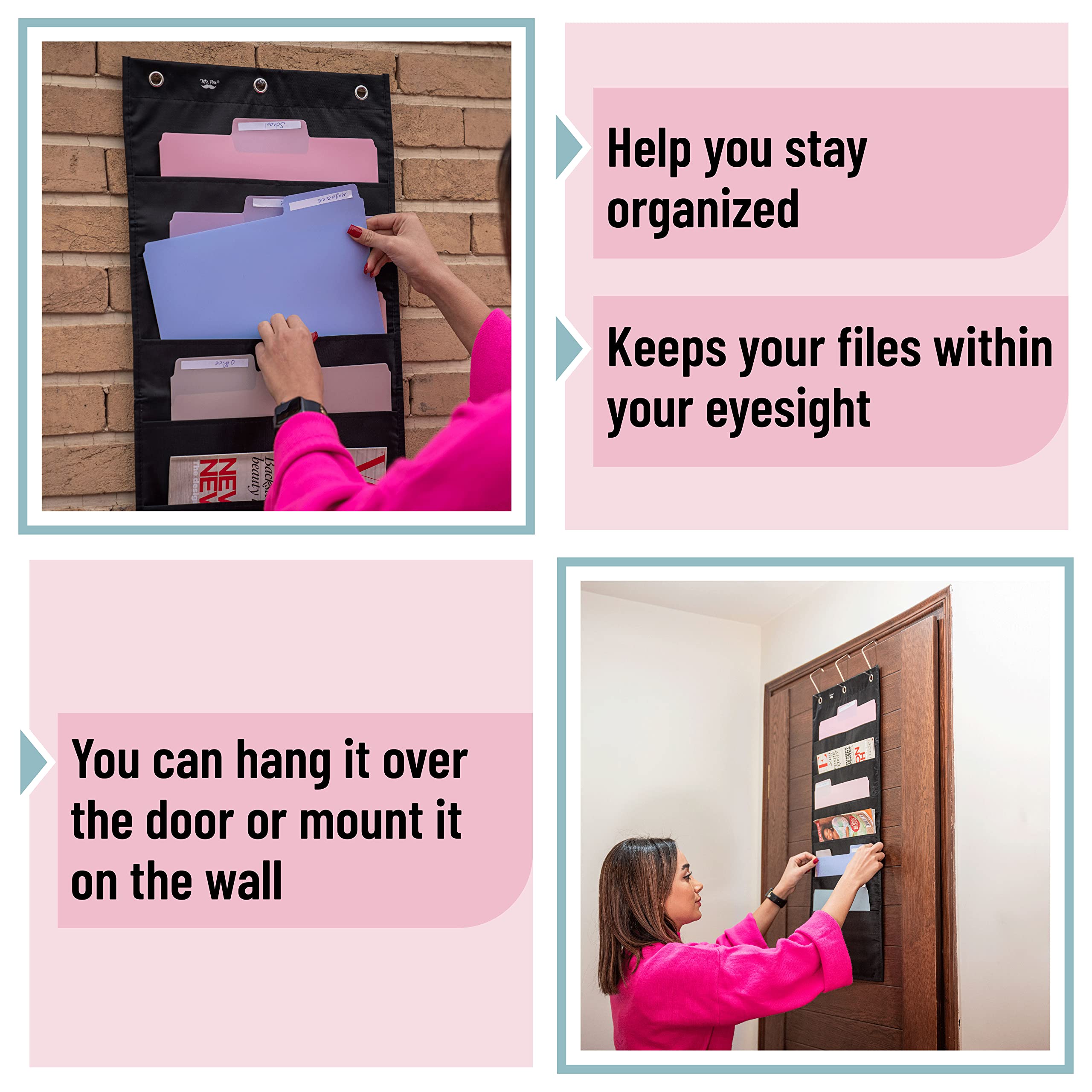 Mr. Pen Hanging Wall File Organizer - 6 Pocket Black Document Holder with 3 Overdoor Hangers for Home Office, Classroom & Dorm Organization - Space Saving Door & Wall Folder Storage Solution