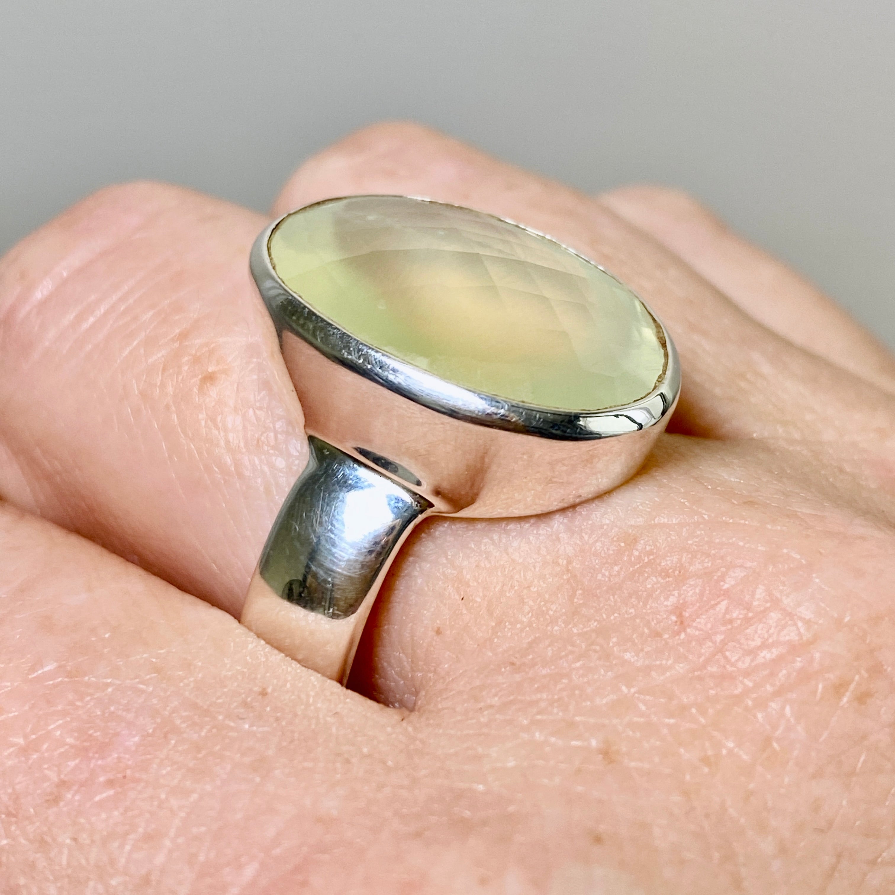 Prehnite Oval Checkerboard Faceted Ring - Size 12 Sterling Silver Jewelry for Women - Perfect for Wedding, Anniversary & Special Occasion Gifts