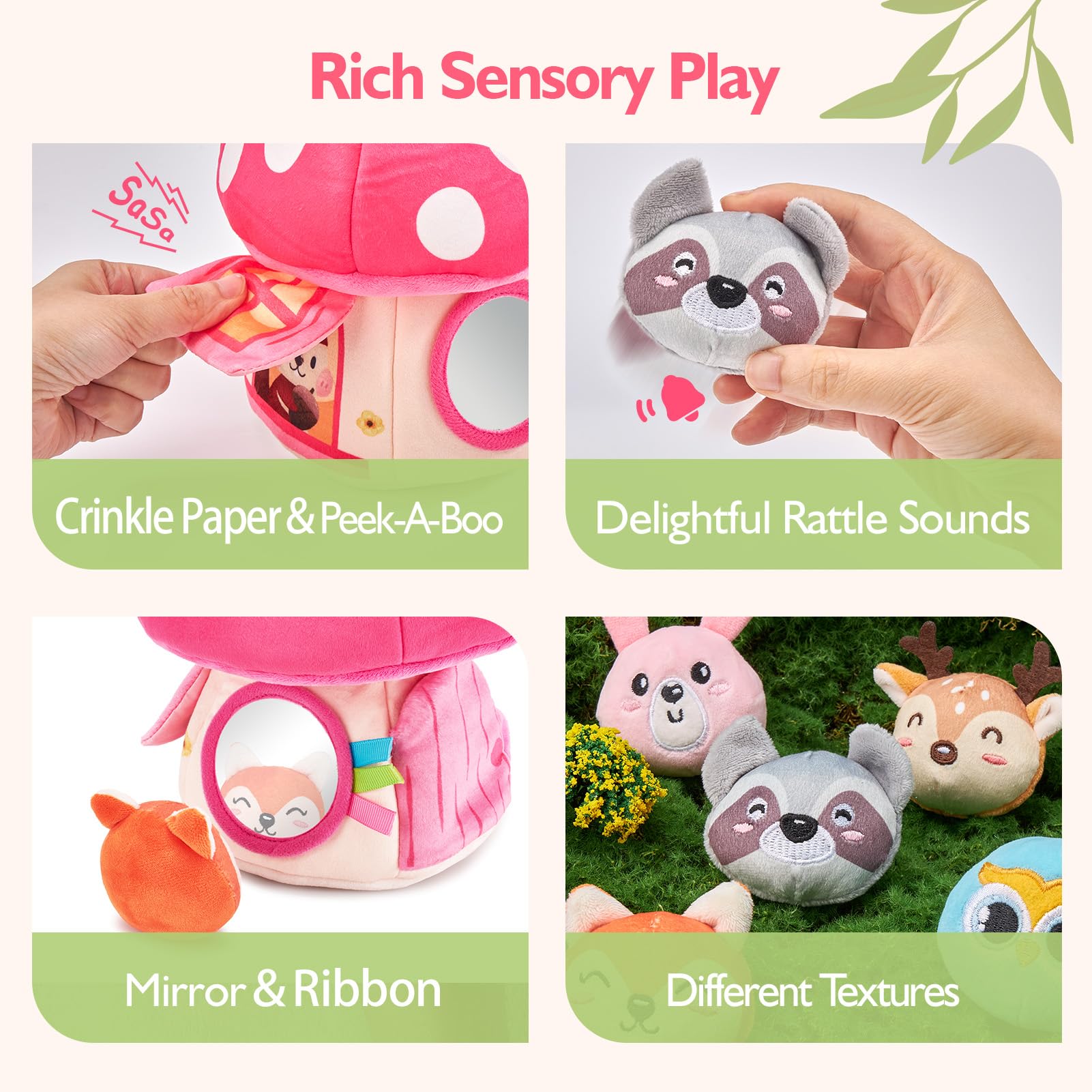 Hahaland Montessori Sensory Toys for Baby Girls 6-12 Months - Mushroom House Playset with Stuffed Jungle Animals, Rattle, Crinkle Paper & Mirror - Educational Toddler Toys for 1 Year Old Girls - Perfect Gift Basket Stuffers for Birthdays & Baby Showers
