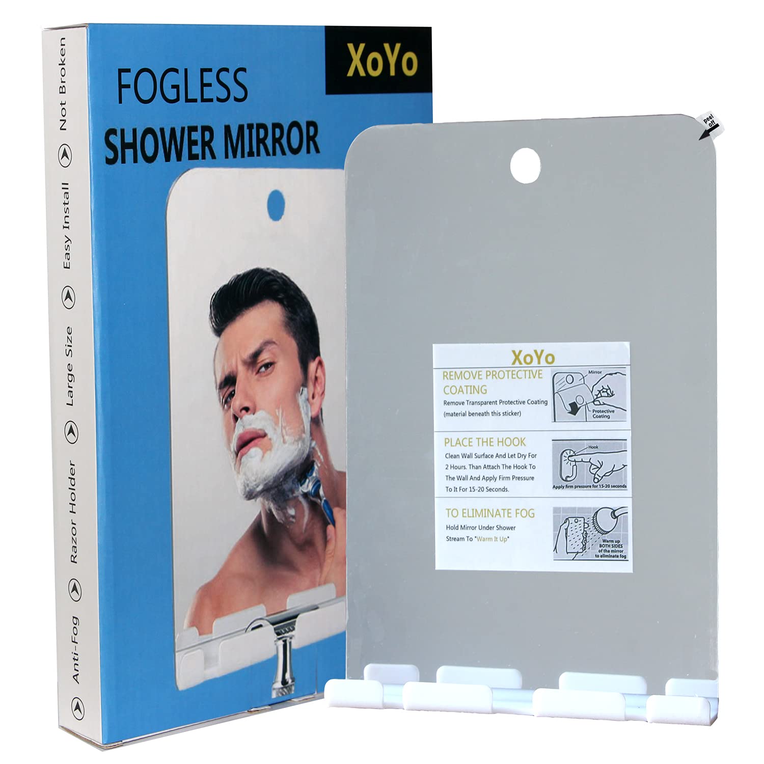 XoYo APHUIME Large Fogless Shower Mirror with Adhesive Hooks - Anti-Fog Bathroom Mirror for Shaving & Makeup - Frameless Wall Mounted Shower Mirror - Perfect for Grooming, Skincare & Shaving in Bathroom or Gym