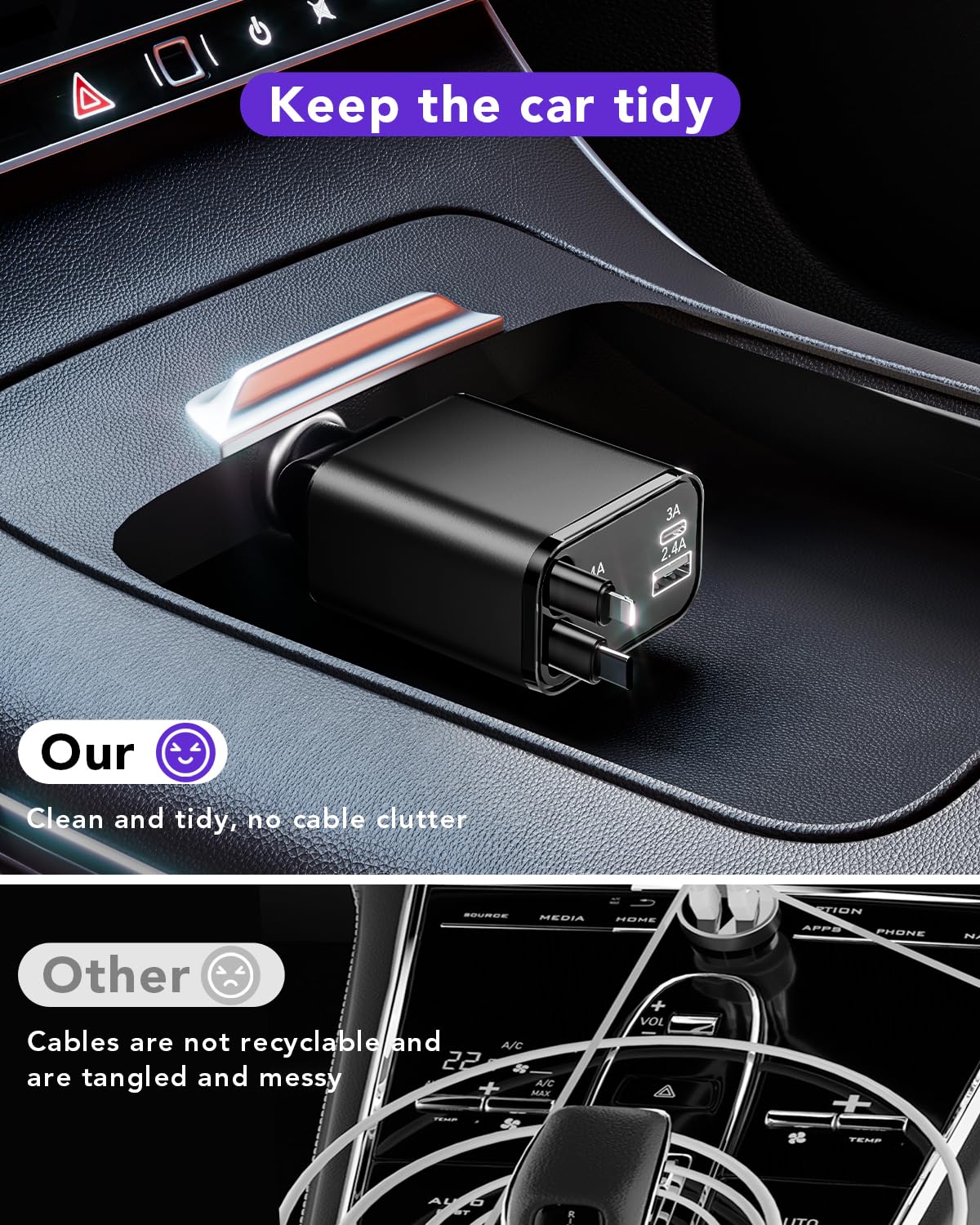 HATALKIN 69W Retractable Car Charger - 4-in-1 Fast Charging with 2 Retractable Cables & USB-C Port - Compatible with iPhone 15/14/13/12/11, iPad Pro, Samsung Galaxy, Google Pixel - Perfect for Road Trips & Daily Commutes