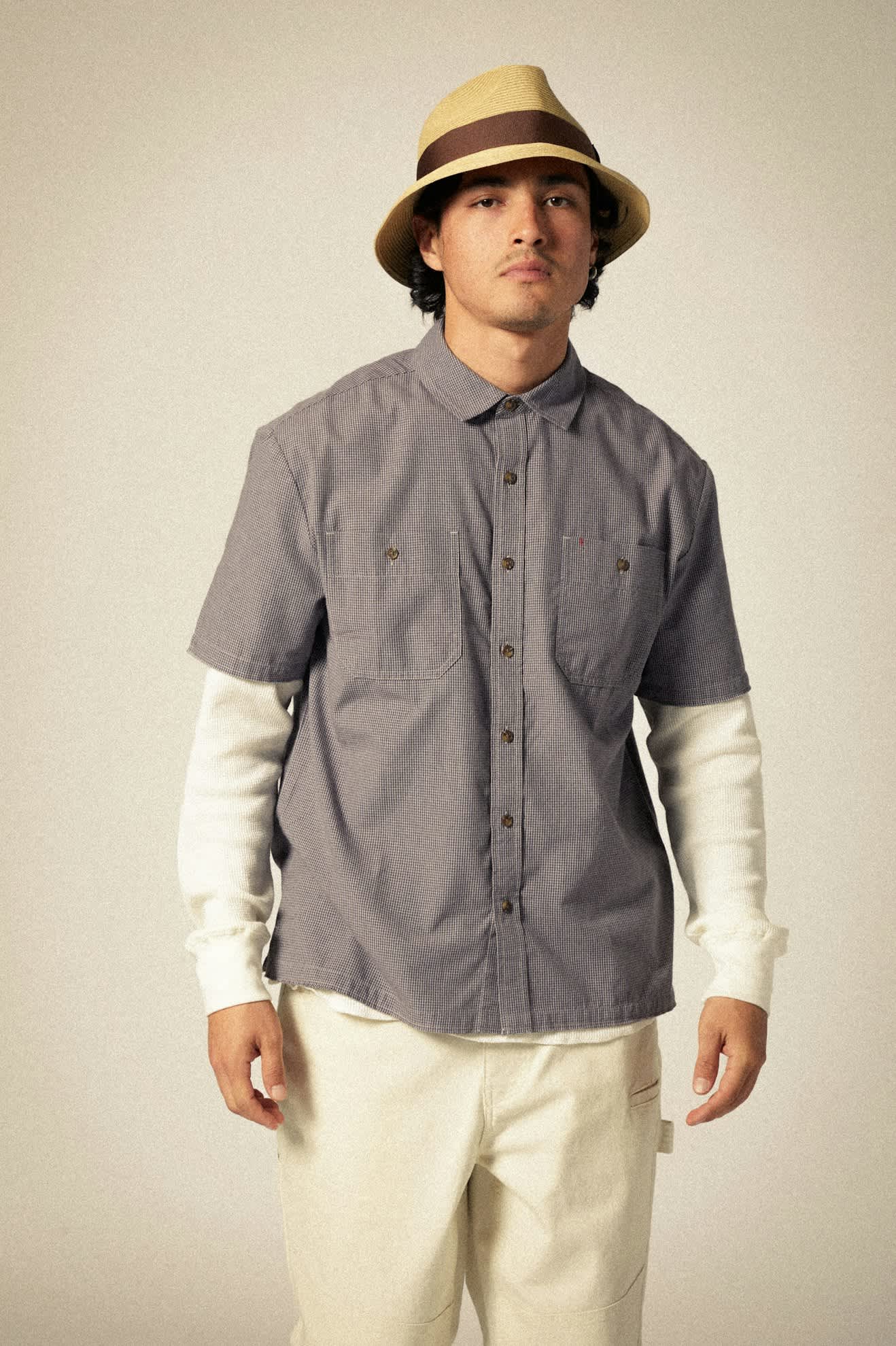 CRU Micro Plaid Relaxed Short Sleeve Shirt for Men - Washed Navy Blue Plaid Casual Shirt - Perfect for Summer, Outdoor Activities, and Everyday Wear
