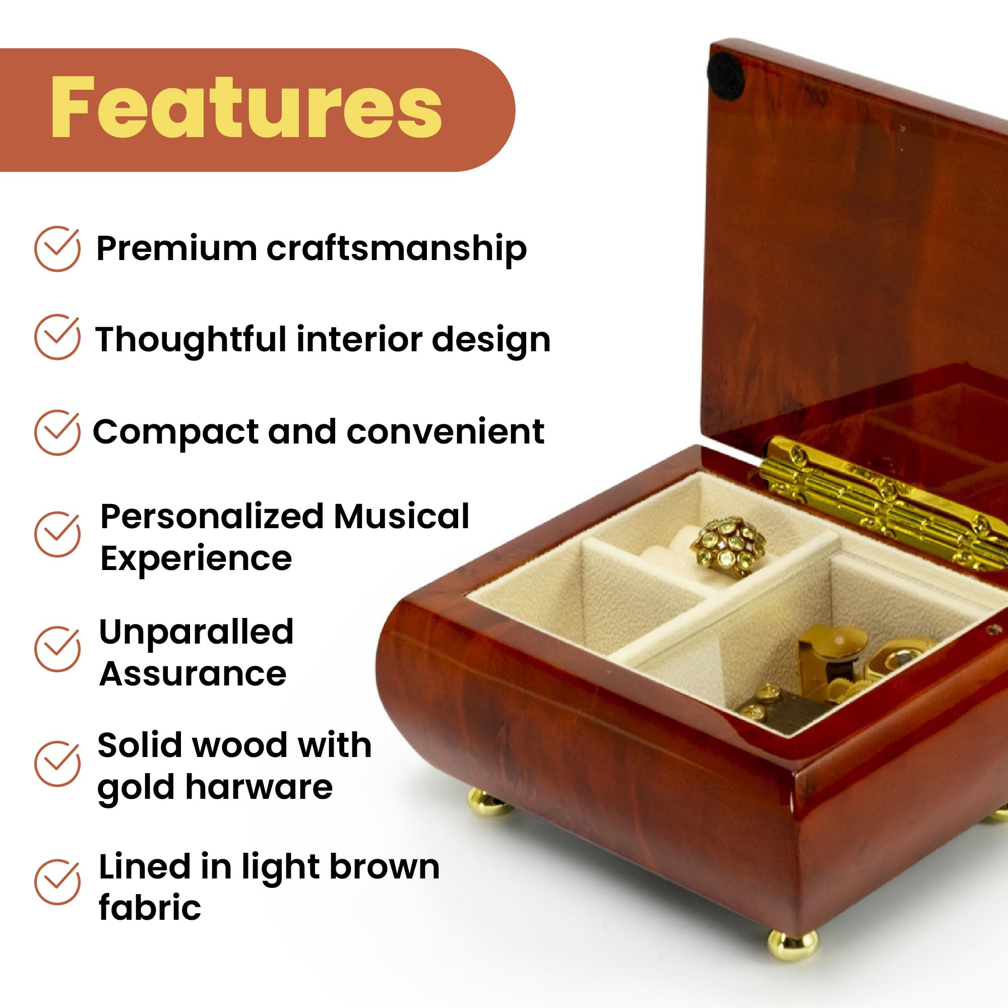 Personalized Wooden Musical Jewelry Box for Women & Girls - Custom Song Jewelry Organizer with Music (Itsy Bitsy Spider) - 5.0 x 4.5 x 2.5