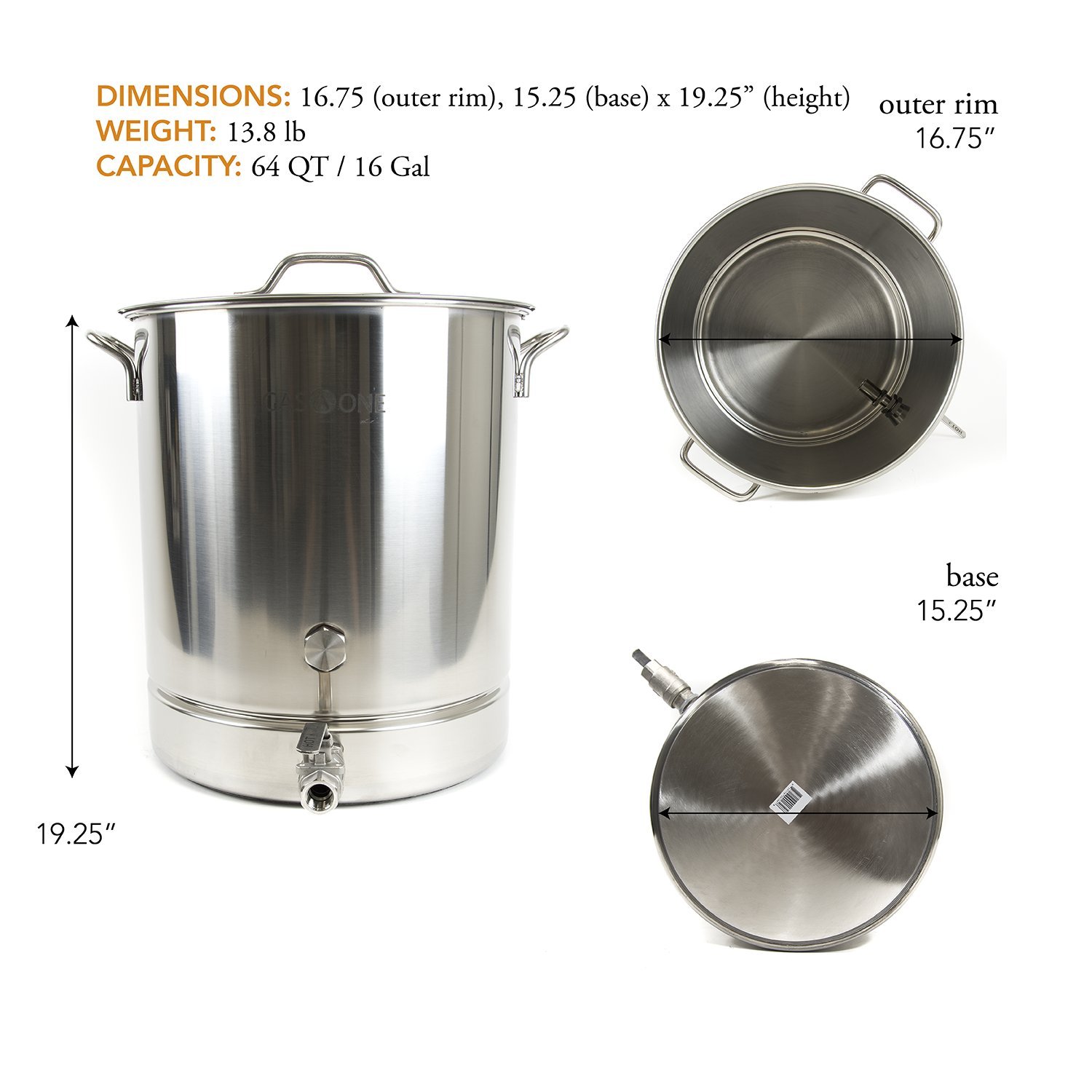 GasOne 16 Gallon Stainless Steel Home Brew Kettle Pot with Tri-Ply Bottom - Pre-Drilled 4-Piece Set (64 Quart) Includes Stainless Steel Lid, Ball Valve, Thermometer & Spigot - Perfect for Beer Brewing, Wort Boiling & Homebrewing Supplies - Ideal for Home Brewers & Craft Beer Enthusiasts