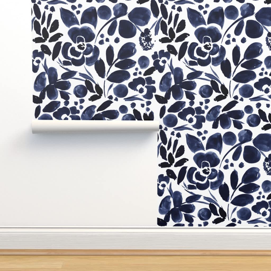 Peel & Stick Wallpaper 3ft x 2ft - Navy Blue White Floral Dark Indigo Watercolor Romantic Flowers Removable Self-Adhesive Wallpaper for Bedroom, Living Room, Nursery Decor | Easy DIY Home Improvement