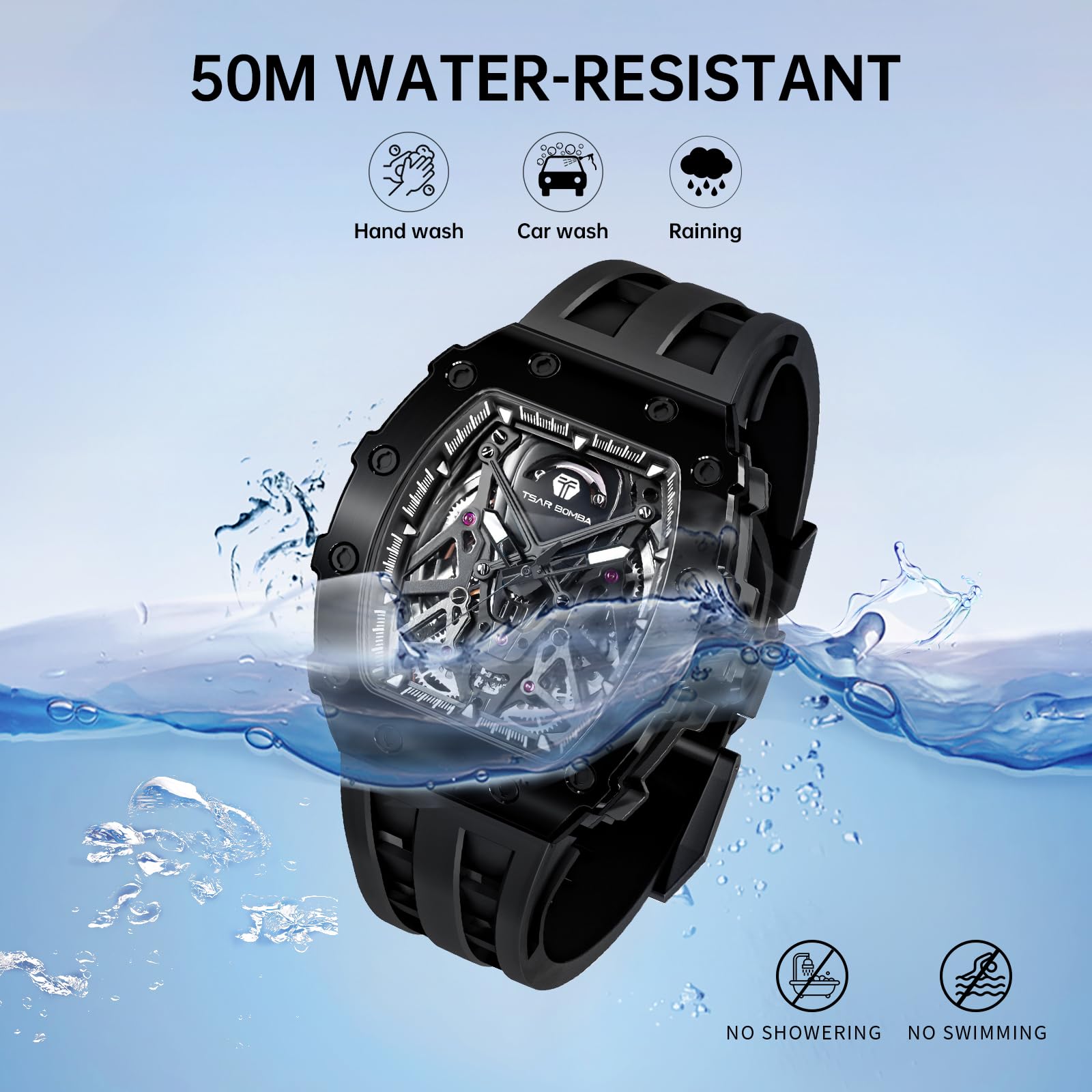Luxury Automatic Skeleton Watch for Men - 50M Waterproof Mechanical Tonneau Watch with Silicone Band - Perfect for Business, Formal Events & Christmas Gifts