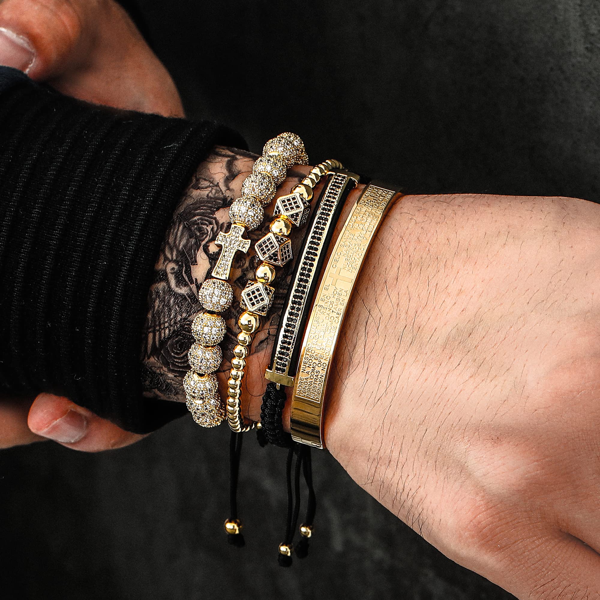 WFYOU Imperial Crown Bracelet for Men - 18kt Gold Plated Cubic Zirconia Beaded Cross Charm Bracelet - Luxury Jewelry Gift for Him - Perfect for Weddings, Anniversaries & Special Occasions