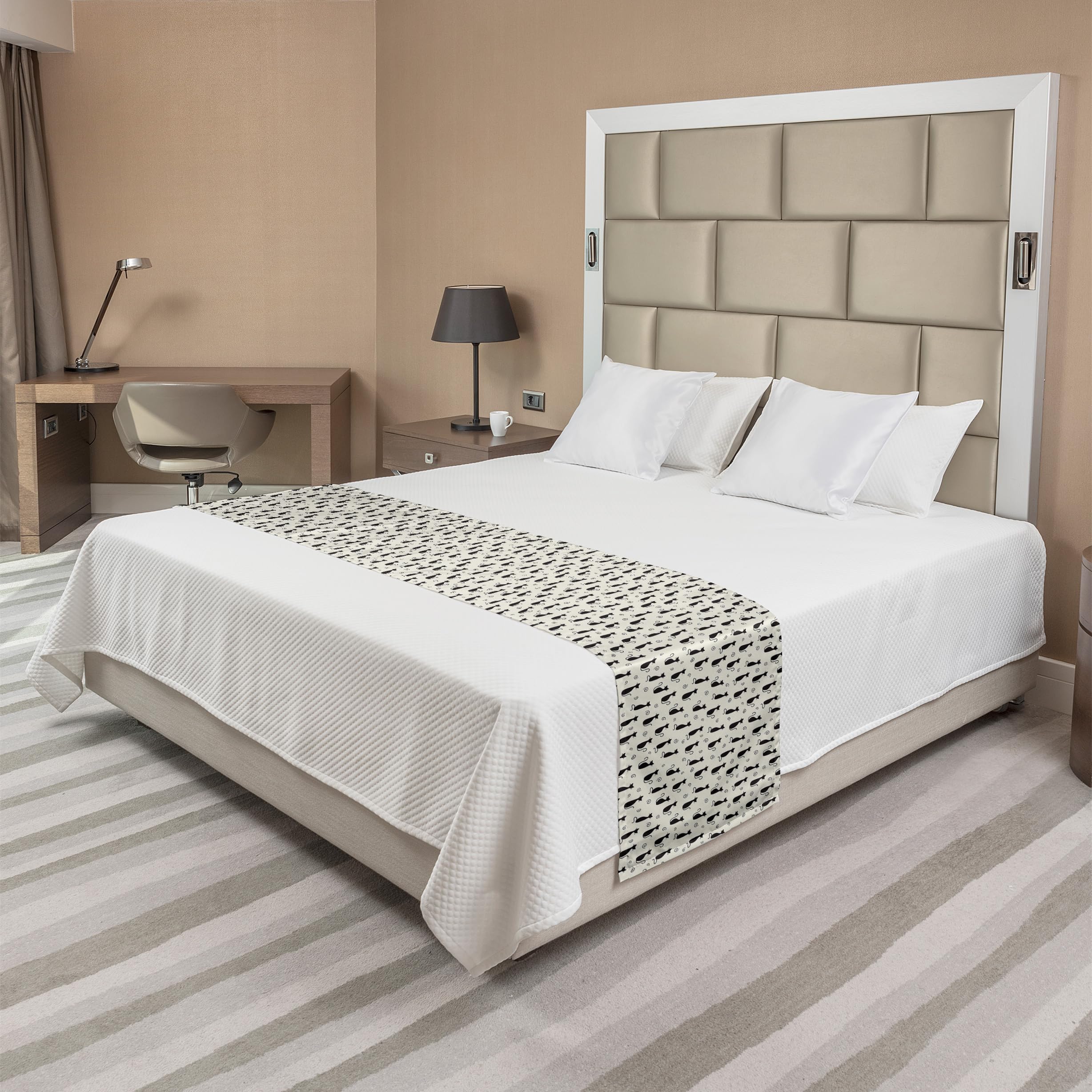 Ambesonne Cat Themed Bed Runner - Decorative Spiral Motif Animal Print Bed Scarf for King Size Beds, Black & Eggshell - Perfect for Hotels, Homes & Guest Room Decor