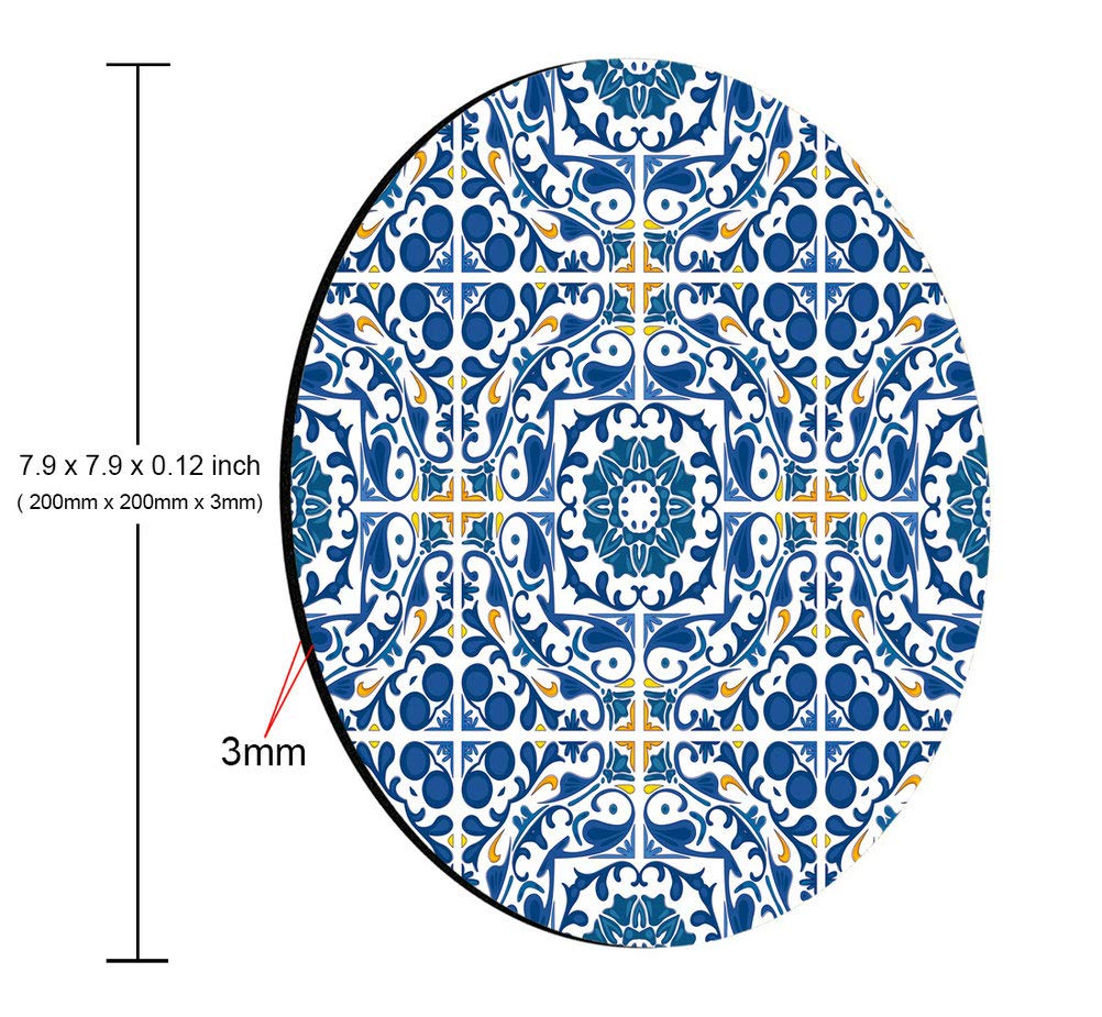 Portuguese Tile Print Mouse Pad - Moroccan & Mediterranean Design Round Mouse Mat for Office, Gaming & Home Use - Non-Slip Desk Accessory Gift for PC & Laptop Users