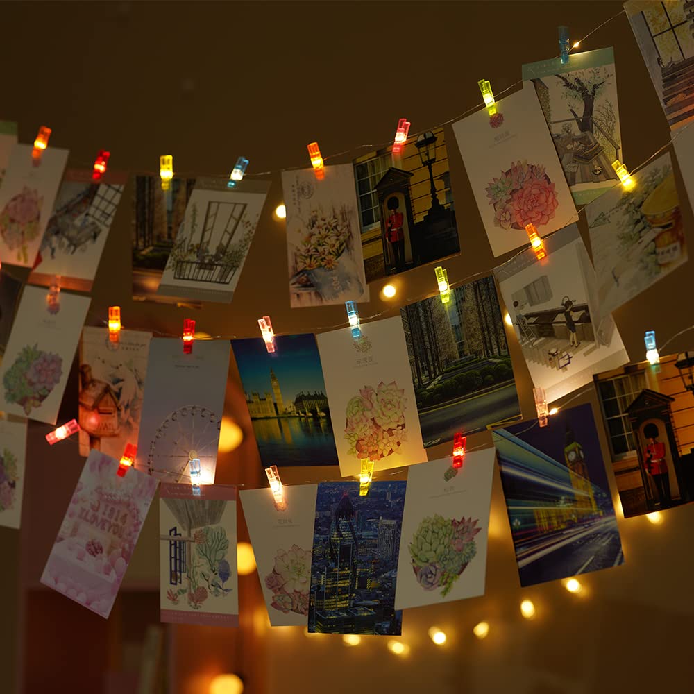 Loochica 30 Clip Photo String Lights - Warm White Fairy Lights with Multi-Color Clips for Hanging Photos, Pictures, Cards & Memos | Perfect for Bedroom Decor, Wedding Backdrops & DIY Wall Displays