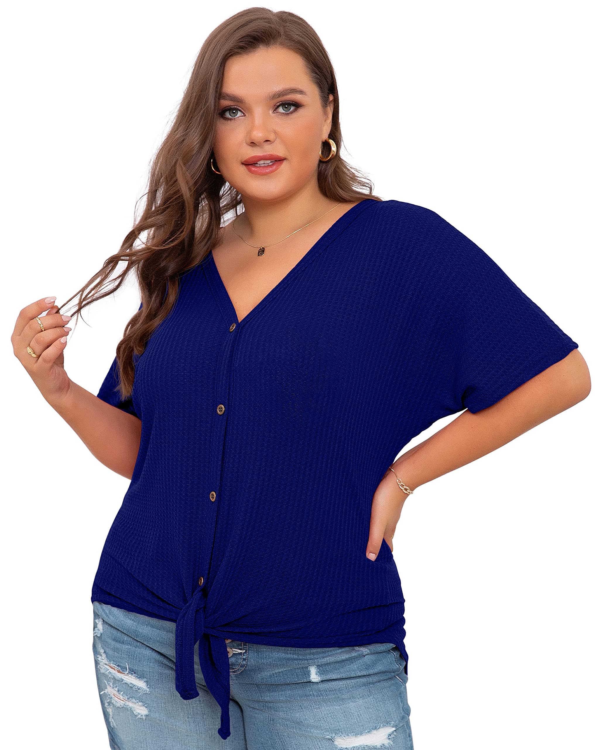OLRIK Women's Plus Size Short Sleeve V-Neck Waffle Knit Tunic Blouse with Tie Front & Button Up - Casual Office Wear & Spring Layering Essential