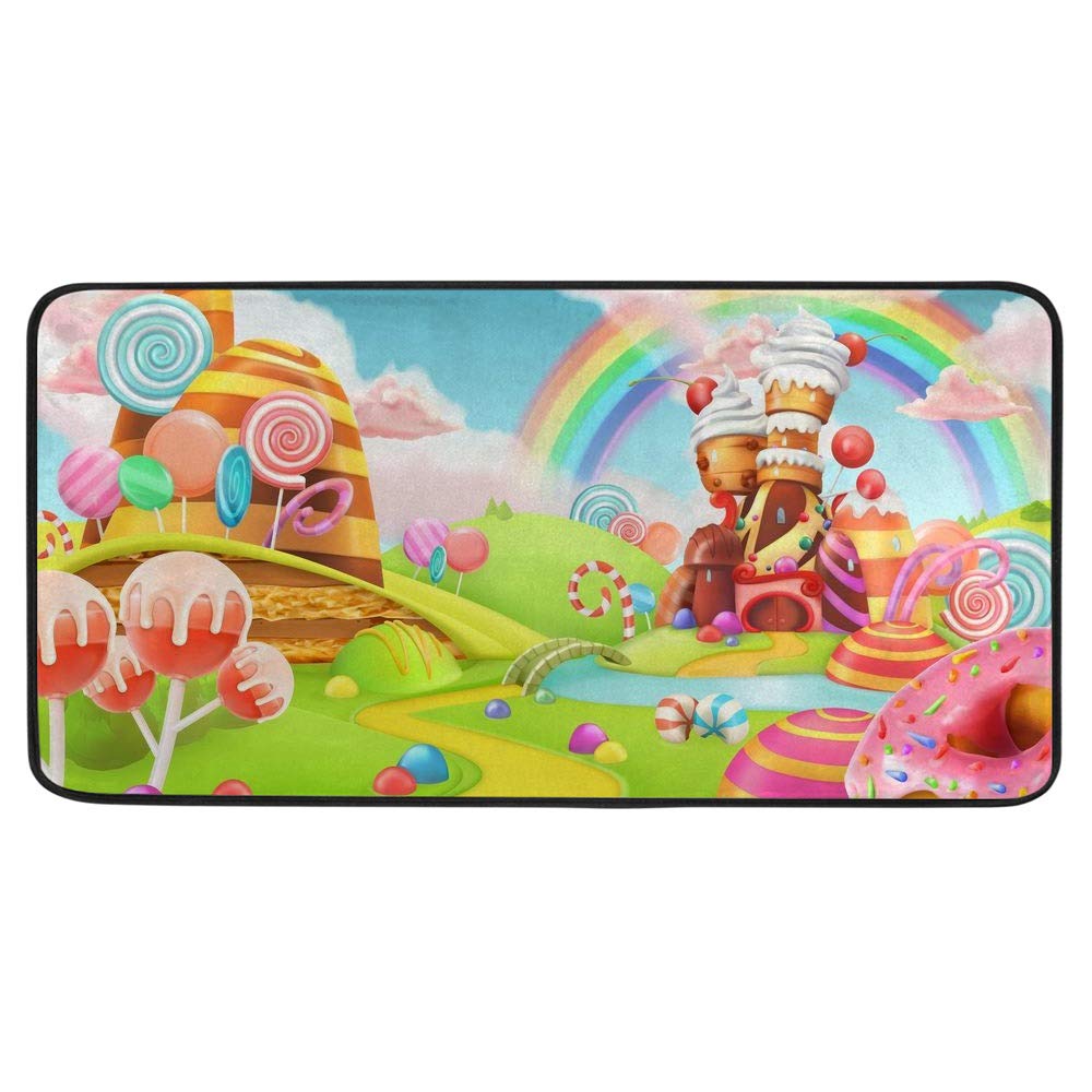 Kuizee Non-Slip Kitchen Rug - 39x20 Inch Water Absorbent Soft Bath Mat for Kitchen, Bathroom, Hallway Entry - Sweet Candy Land Cartoon Design - Perfect for Home, Dorm, and Office Use
