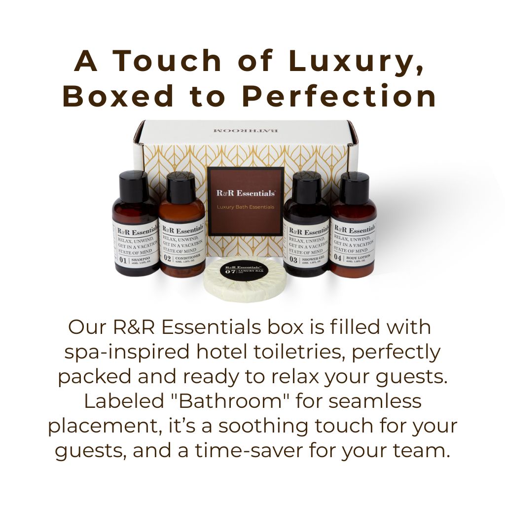 R&R Essentials Premium Hotel Toiletry Kits in Luxury Display Boxes - Travel Size Toiletries for Hotels, Gifts & Vacation Essentials