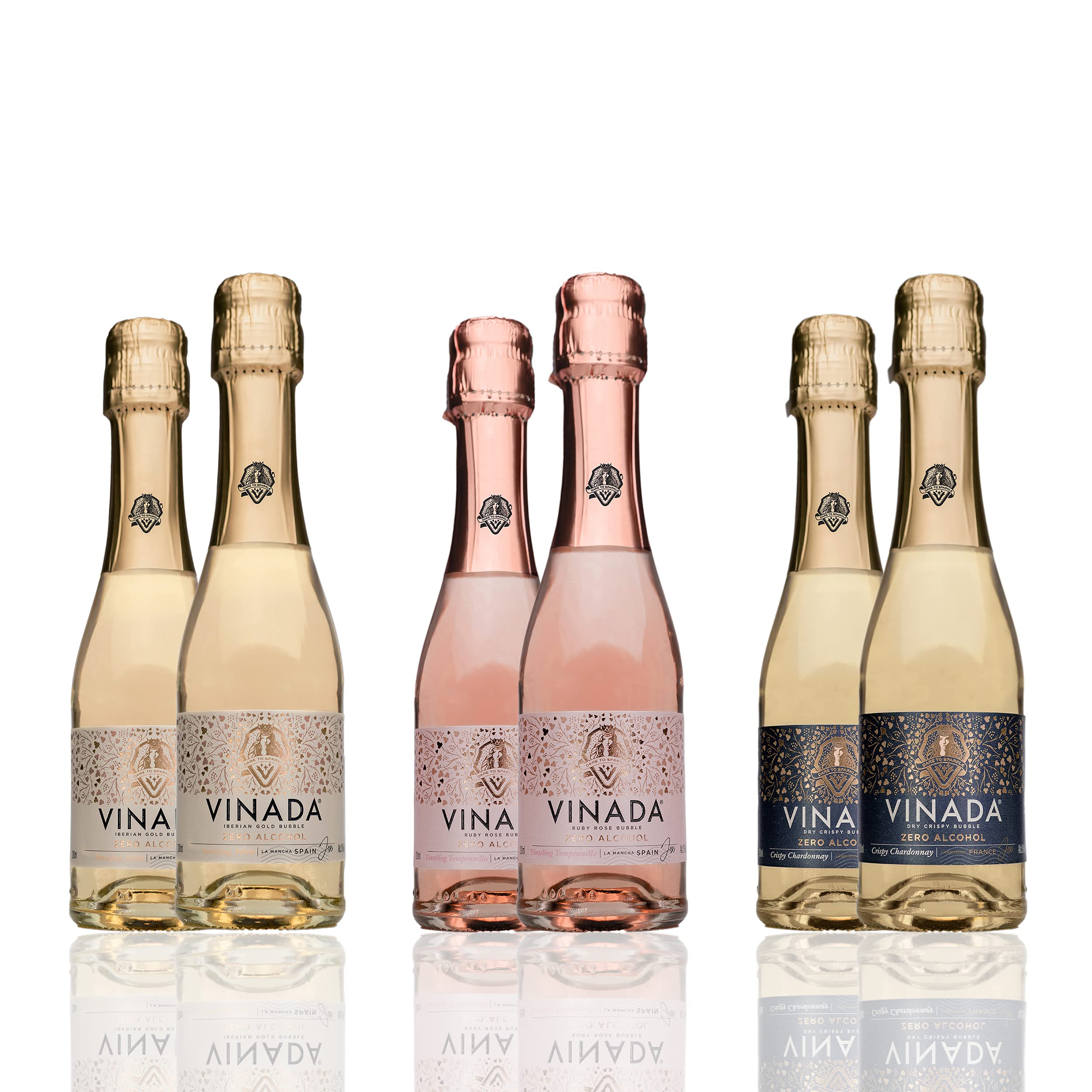 VINADA Alcohol-Free Sparkling Wine Variety Pack - Crispy Chardonnay, Gold & Rosé - 6 Mini Bottles (200ml Each) | Zero Sugar Vegan Wine for Parties, Gifts & Special Occasions