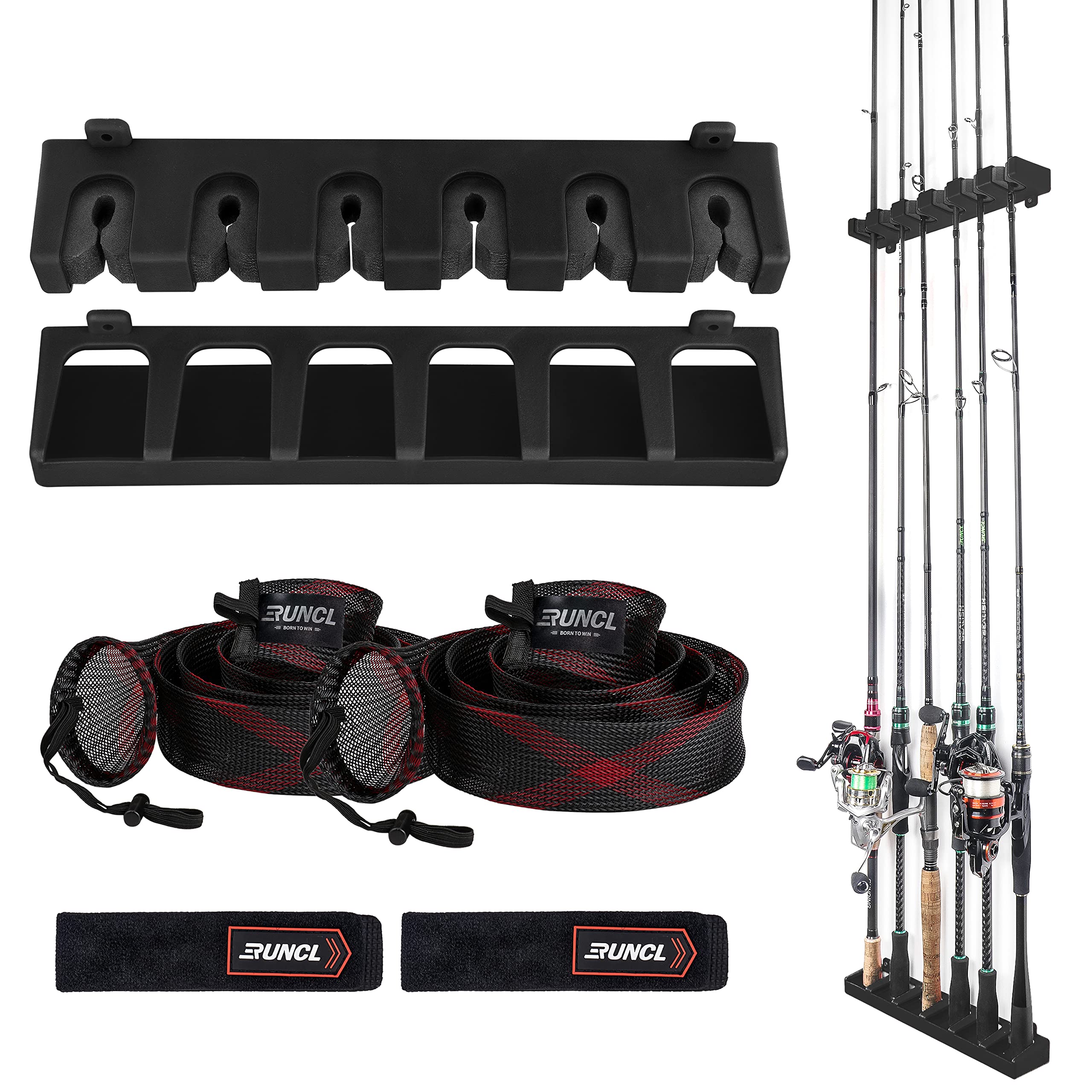 RUNCL Fishing Rod Holder Kit - Wall Mounted Vertical Fishing Rod Rack with Rod Sleeve & Strap - Holds 6 Rods (5-11mm) - Durable Fishing Pole Storage for Garage, Boat, RV & Home Organization