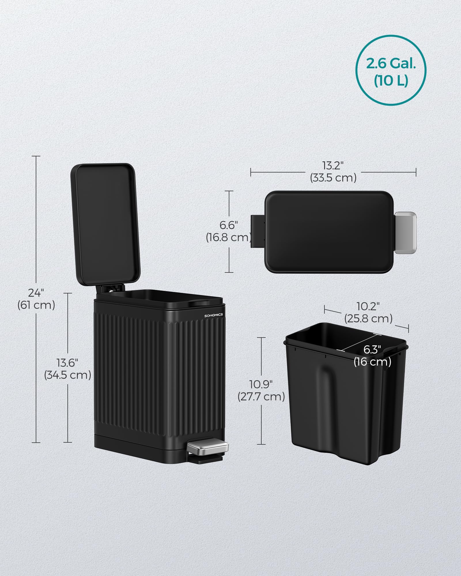 SONGMICS 2.6-Gallon Slim Stainless Steel Bathroom Trash Can with Soft Close Lid - Space Saving Small Garbage Bin for Bathroom, Kitchen, Office - Black ULTB562B01