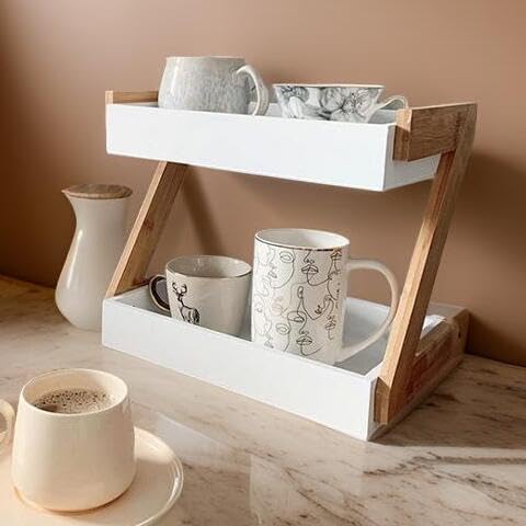 OXMIC 2-Tier White Wooden Kitchen Storage Rack - Spice Organizer, Countertop Oil Bottle Holder & Shelf for Pantry Organization | Perfect for Small Spaces, Apartment Kitchens & Countertop Decluttering