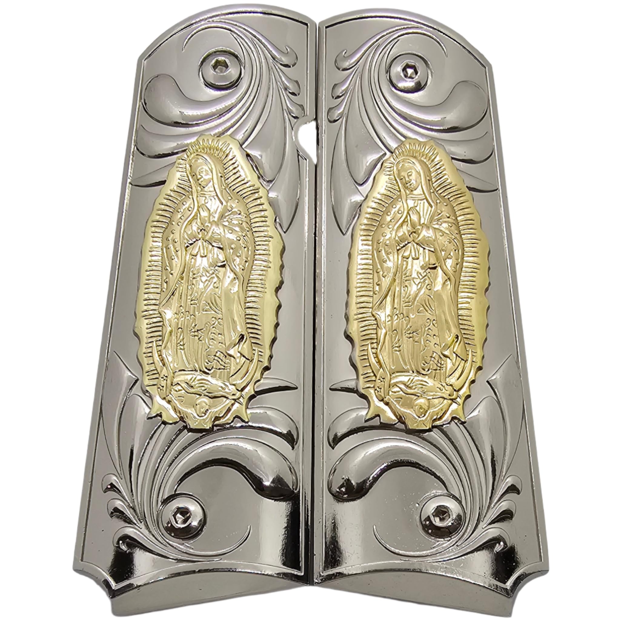 Virgin Mary Lady of Guadalupe Full-Size Grips - Nickel-Plated Ambi Safety Grips for Colt, Kimber, Rock Island & Clones | Perfect for Pistol Customization & Religious Protection