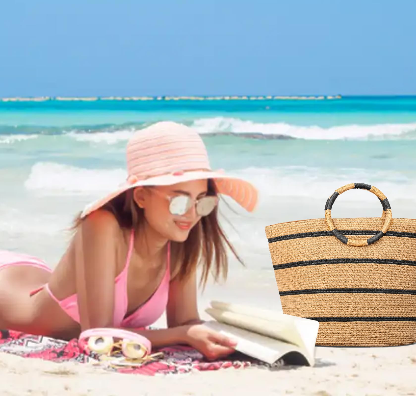 Women's Large Woven Straw Tote Beach Bag - Summer Vacation Holiday Essential for Pool, Travel & Shopping | Eco-Friendly & Stylish Carryall for Sunbathing, Picnics & Beach Outings